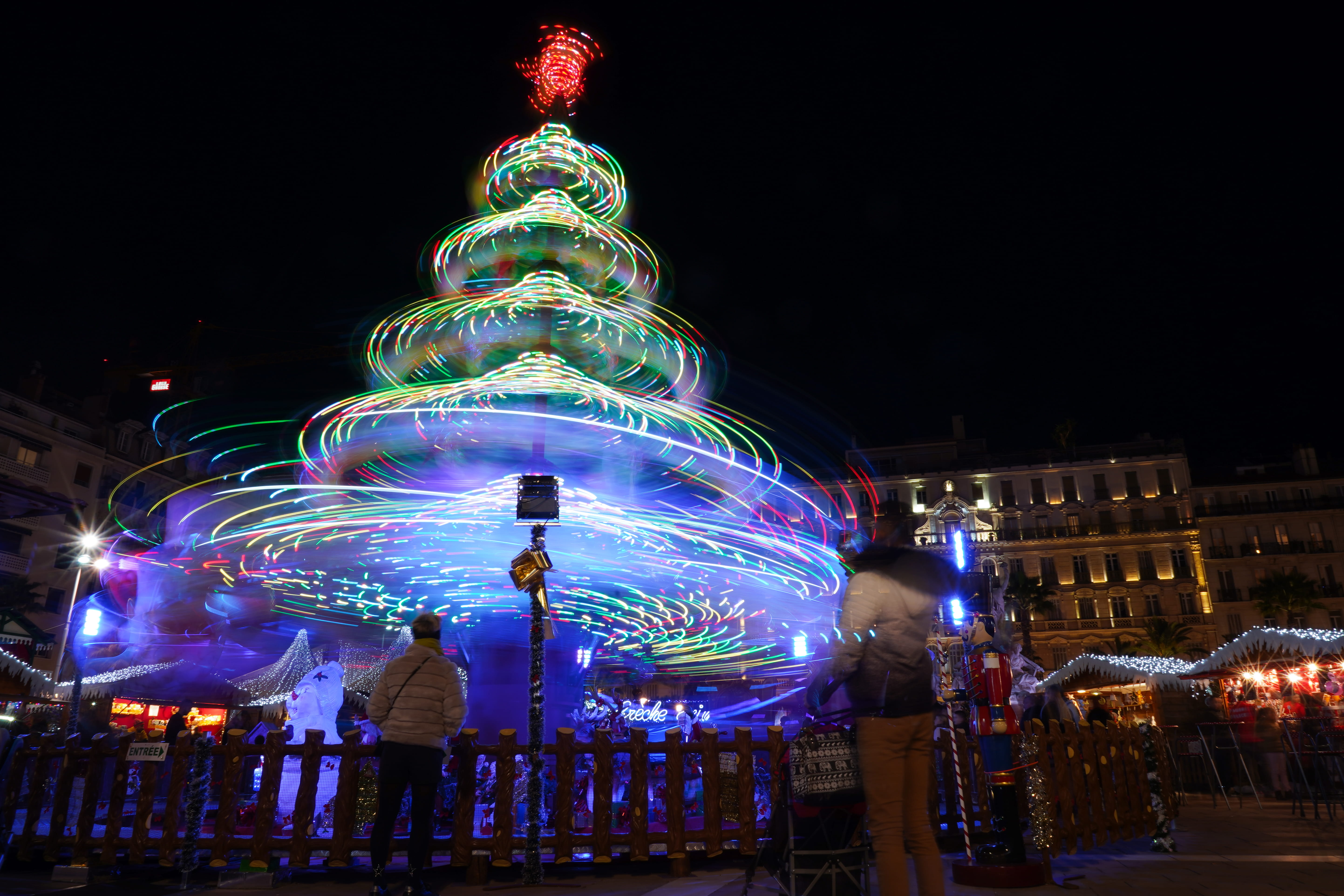 motion, night, amusement park, incidental people, place de la liberté, celebration, tourism, christmas light, built structure, nature, toulon, illuminated, HD Wallpaper