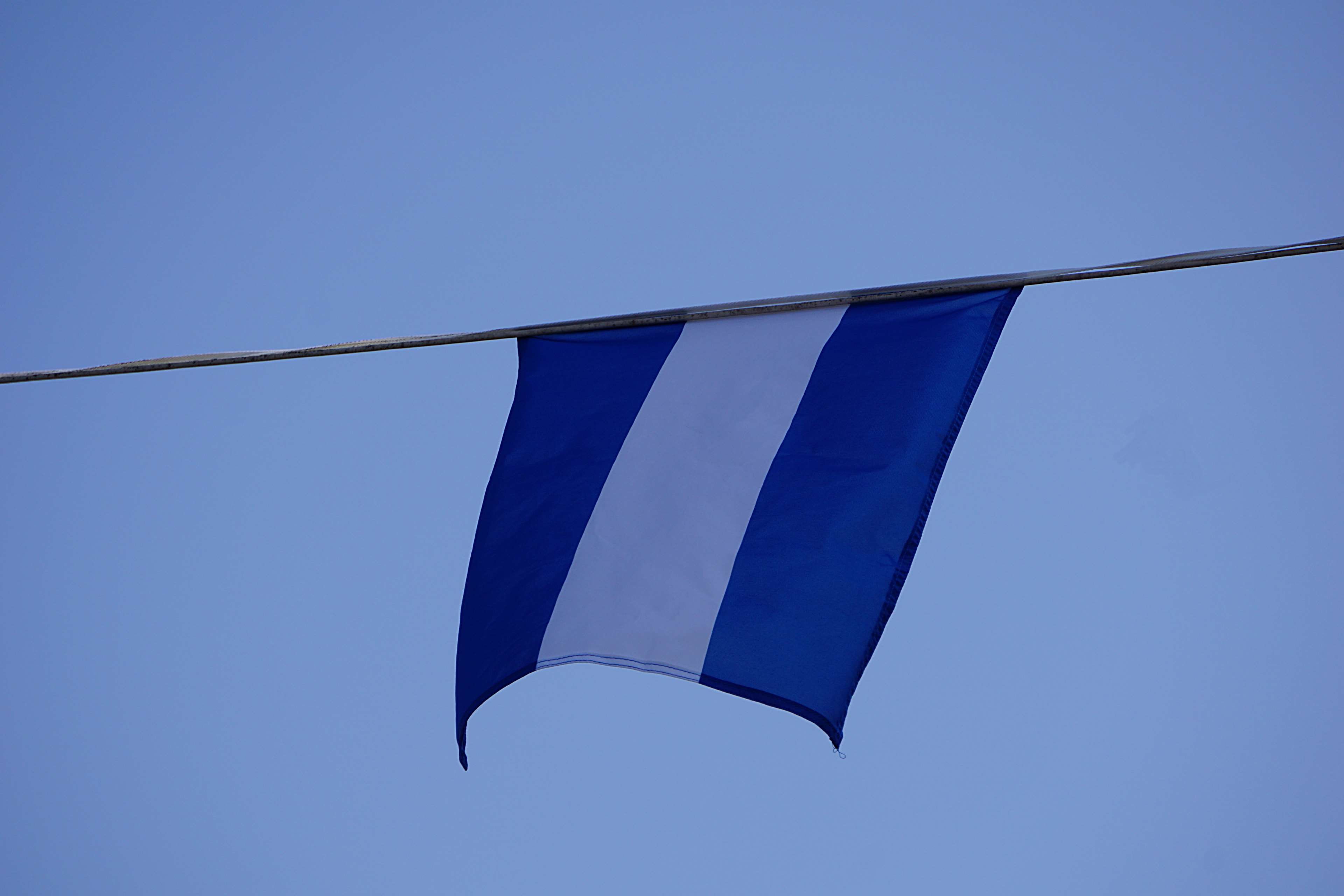 wind, patriotism, drapeau, 4K, white color, no people, low angle view, bleu, day, sunny, couleur, nature, blue, outdoors, copy space, emotion, flying, HD Wallpaper