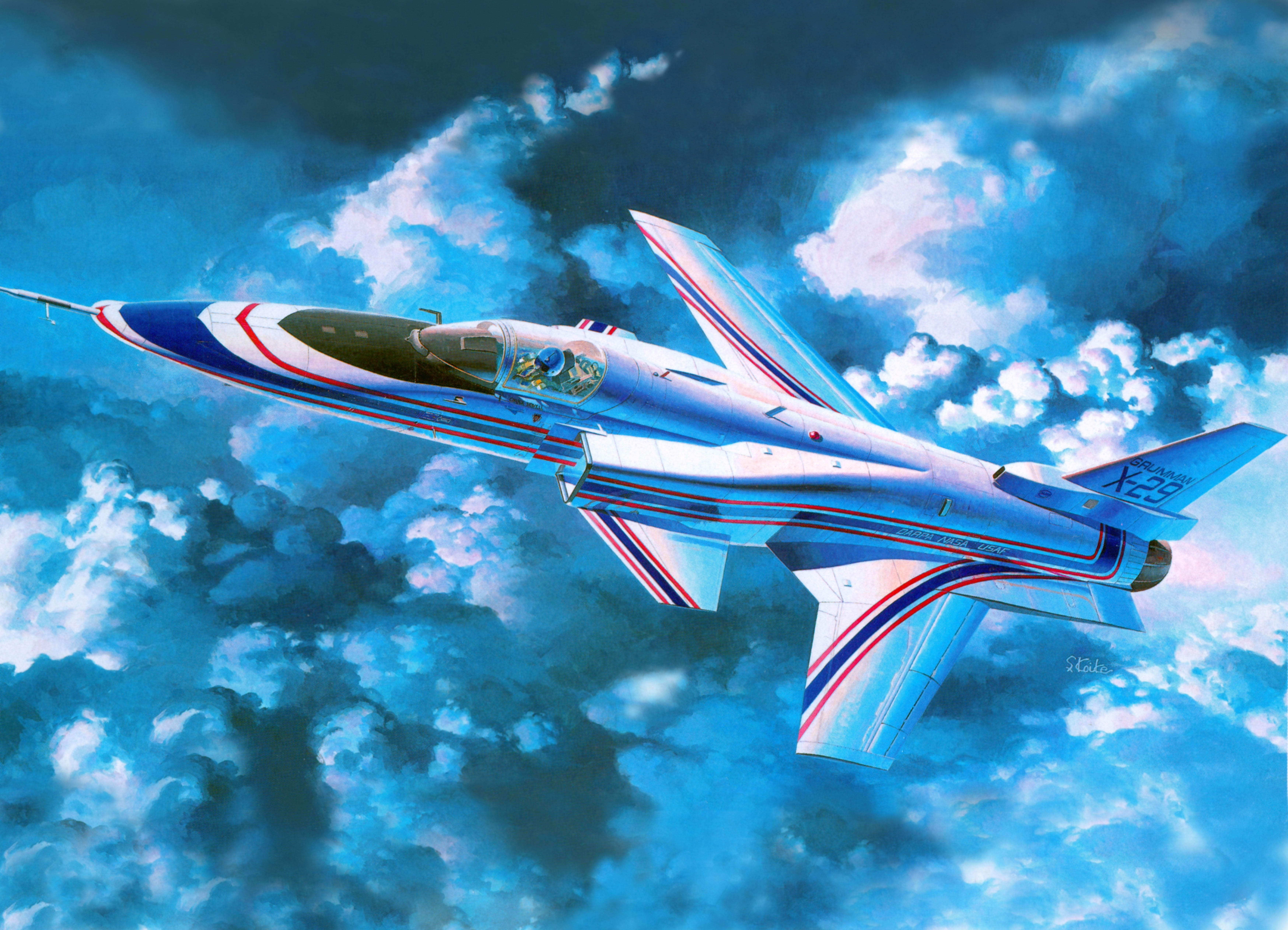 figure, X-29, reverse, wing, nose, plumage, " duck", Grumman, art, made, sweep, the sky, American, the plane, 5K, the scheme, HD Wallpaper