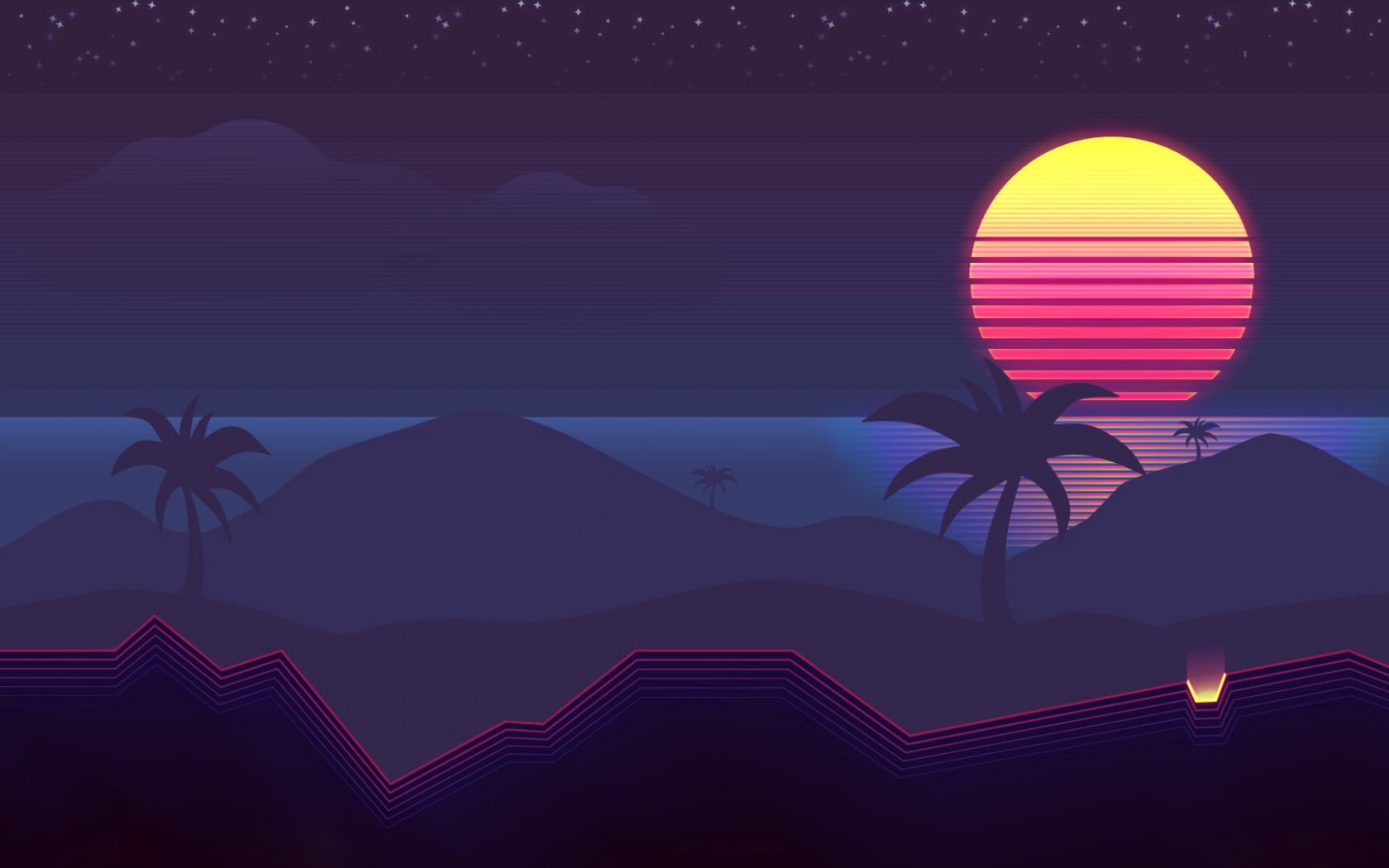 silhouette, sunset, palm tree, scenics - nature, pink, tree, 720P, illuminated, Moonlight, sun, mountain, plant, luminos, night, shape, creativity, architecture, HD Wallpaper