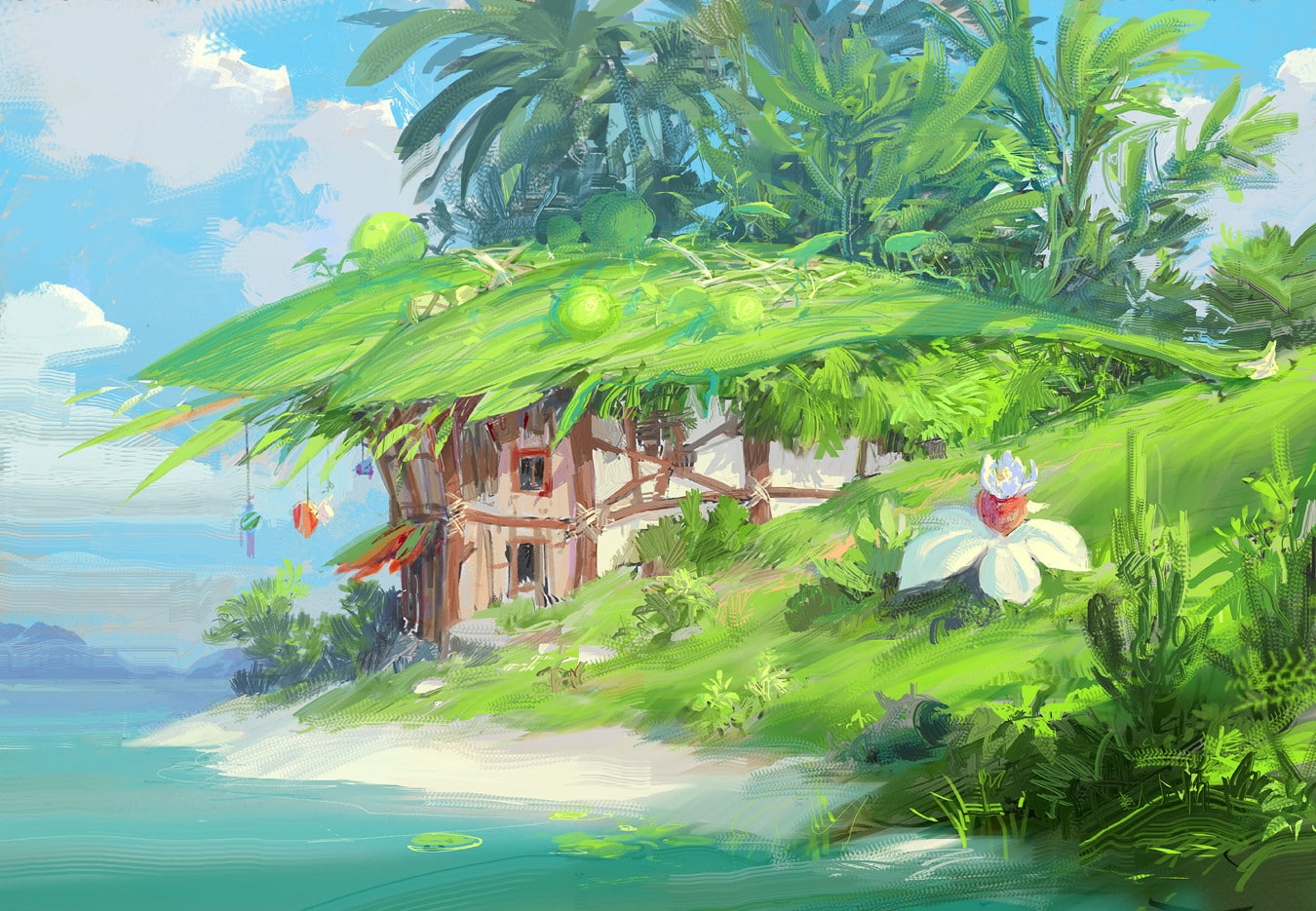art, plant part, island, building exterior, green, outdoors, built structure, 720P, sunlight, green color, paperblue net, House, plant, day, luminos, fantasy, HD Wallpaper