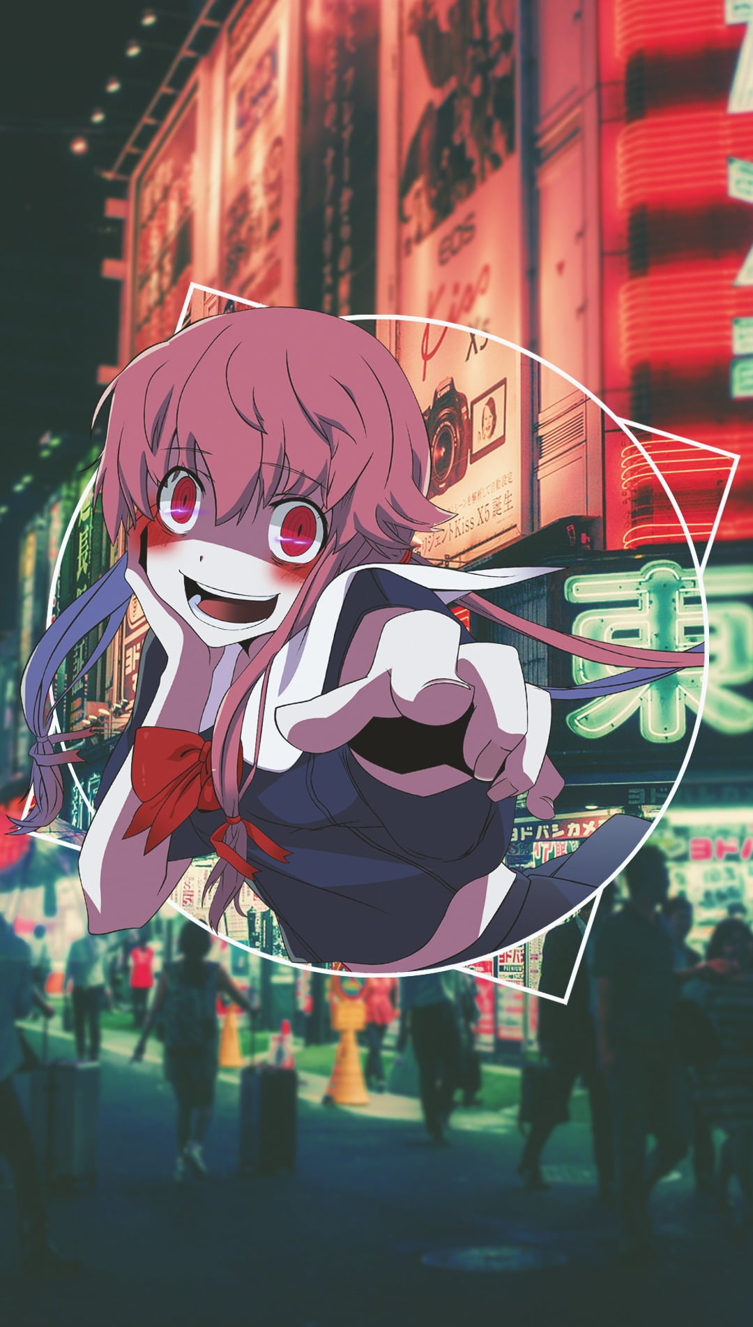 picture-in-picture, creativity, built structure, Mirai Nikki, human representation, building exterior, city, people, mask - disguise, day, disguise, Gasai Yuno, Phone HD Wallpaper
