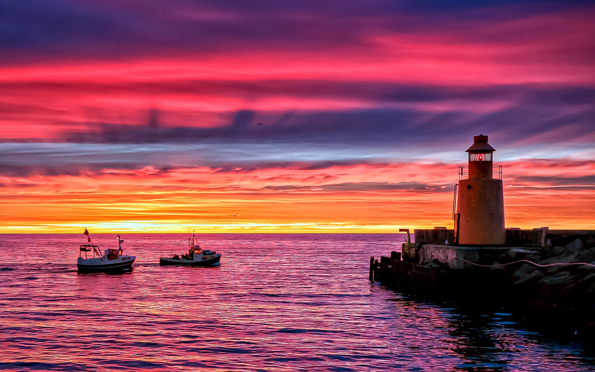 1080P, Sunset, Pier, Beach, Sea, Lighthouse, Boats, Evening, HD Wallpaper