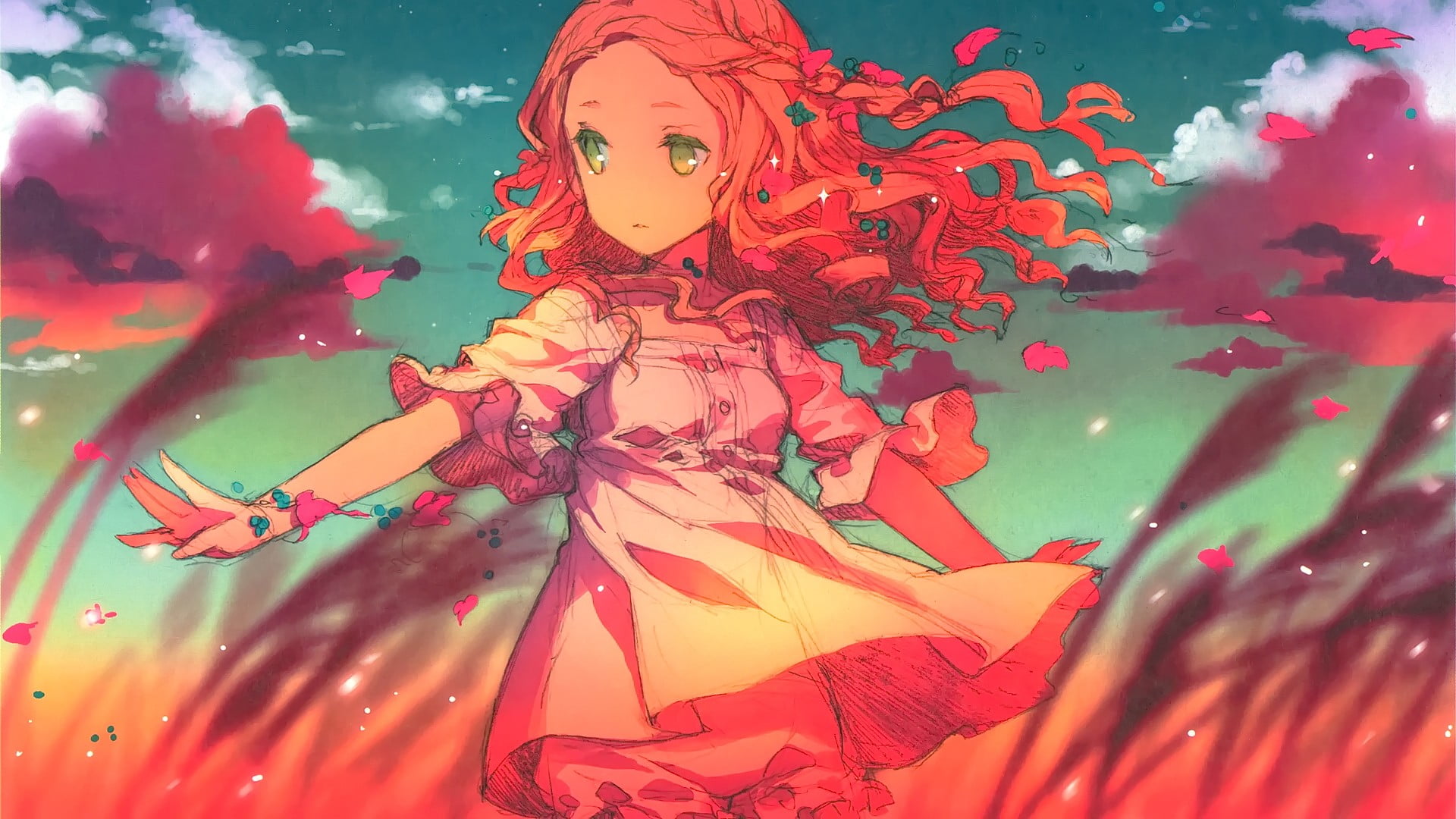 anime girls, close-up, red, young adult, art and craft, women, multi colored, clouds, green eyes, looking away, sky, creativity, representation, lifestyles, HD Wallpaper