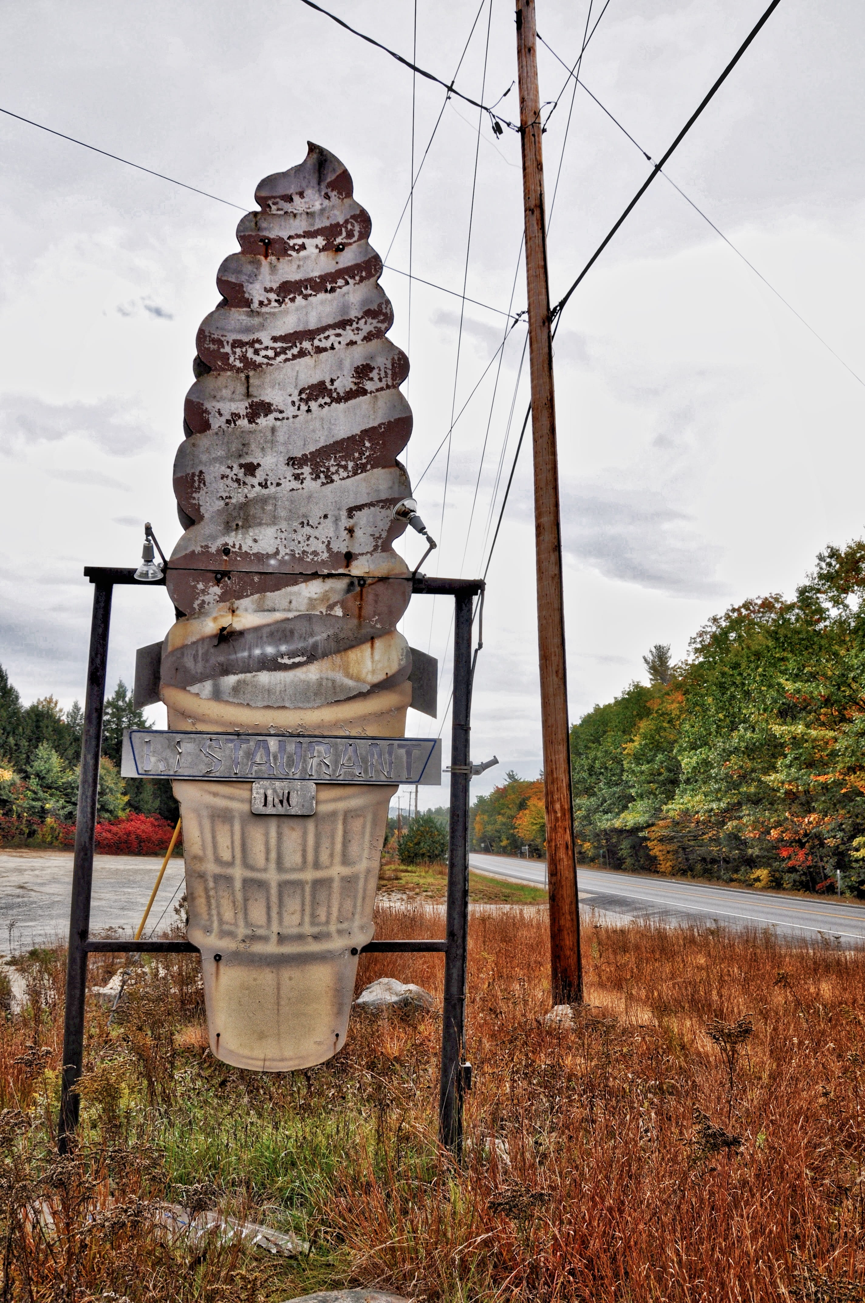 no people, sky, lonely, electricity, cloud - sky, field, cone, historic, memories, rusty, Ice Cream, power line, old, grass, 50s, plant, technology, softie, Phone HD Wallpaper