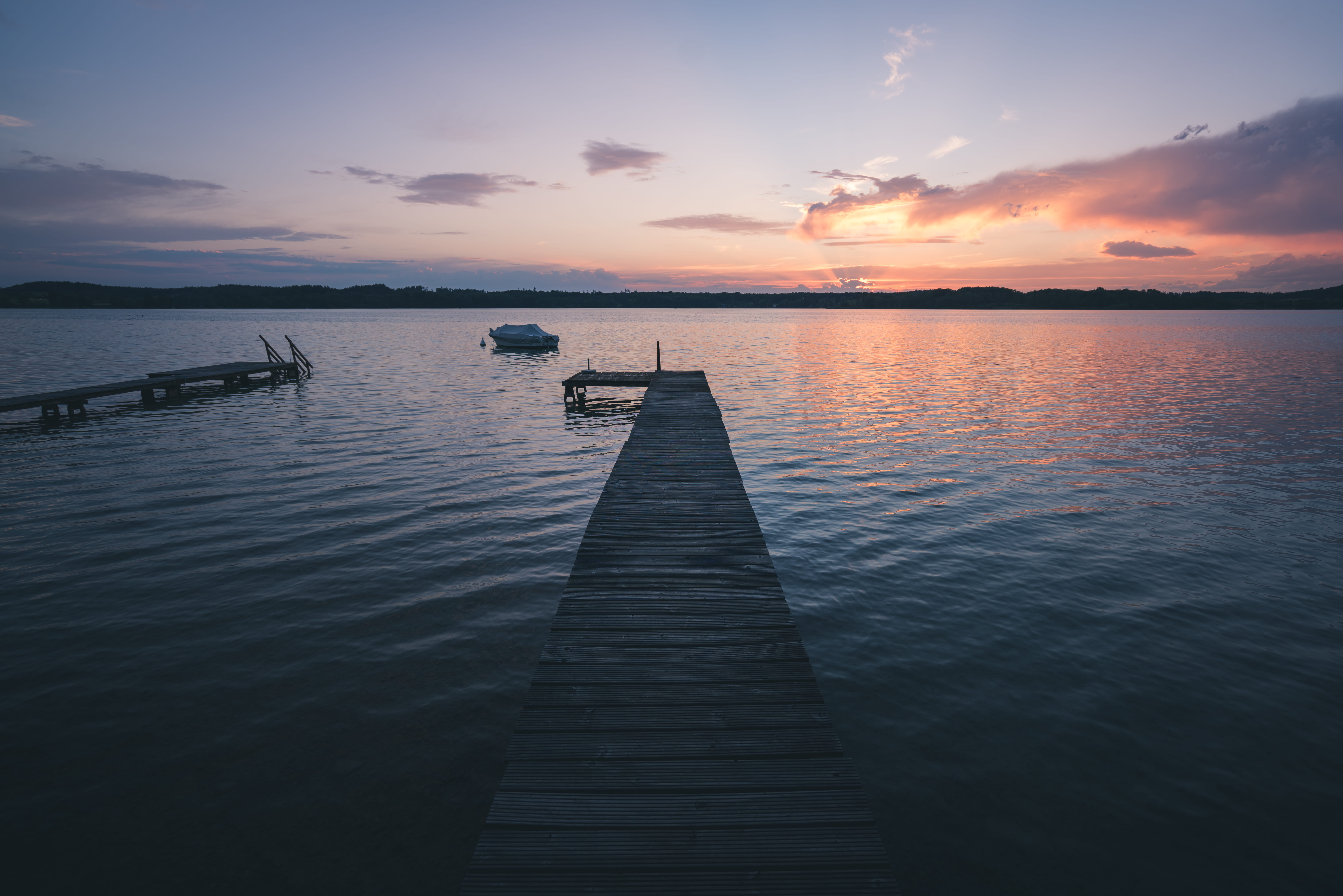 jetty, lake, outdoors, 8K, sun, path, horizon over water, catwalk, clouds, runaway, boat, the way forward, bridge, water, transportation, vanilla sky, HD Wallpaper