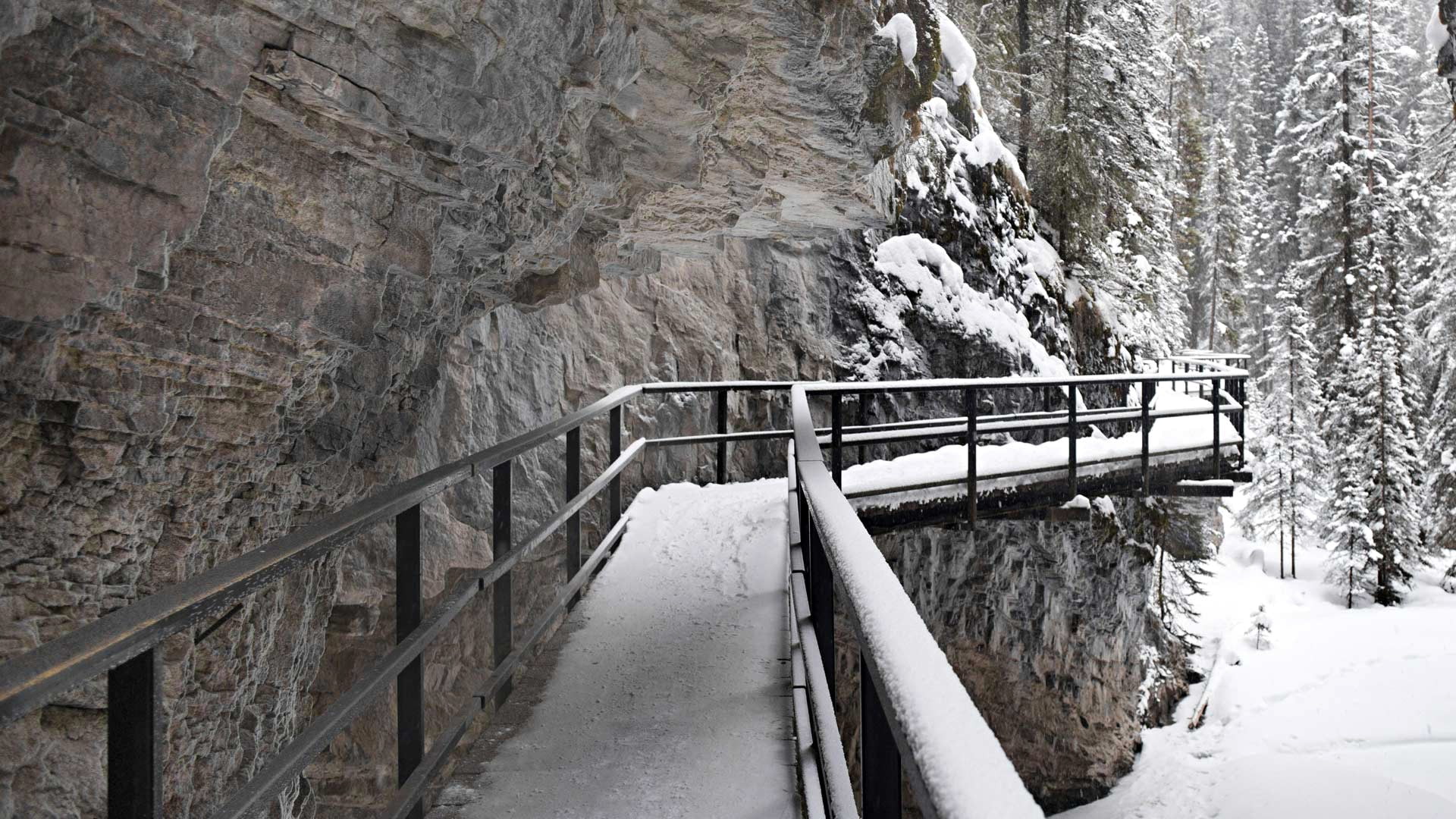 nature, transportation, bridge - man made structure, snowing, built structure, rock, no people, Canada, landscape, bridge, railing, mountains, 1080P, tree, HD Wallpaper