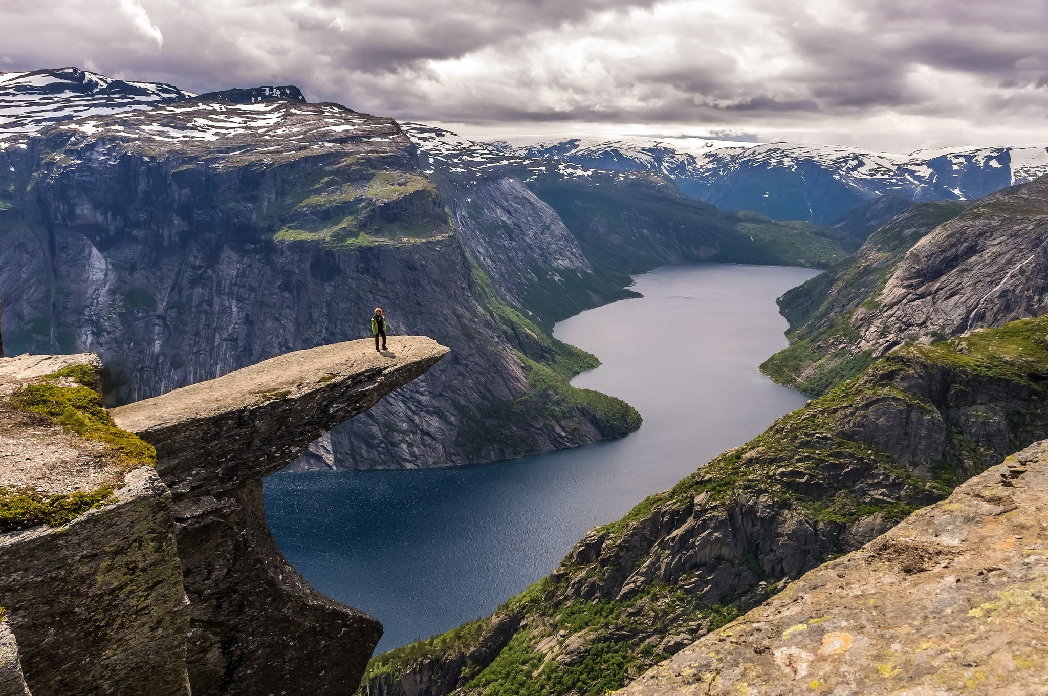 rocks, photography, women, landscape, clouds, 1080P, cliff, nature, canyon, stone, fjord, snow, Norway, hiking, HD Wallpaper