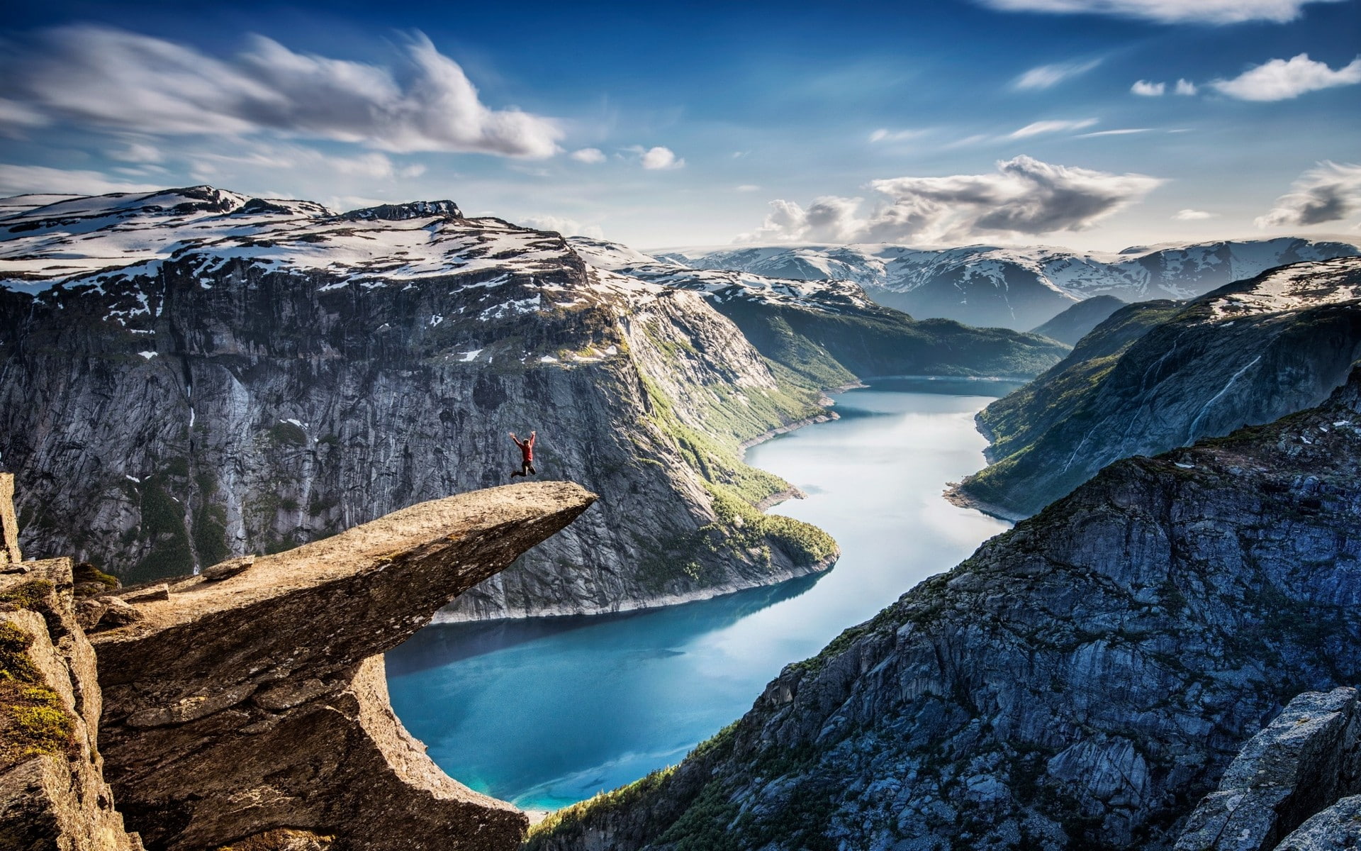 landscape, mountains, clouds, Norway, canyon, fjord, jumping, cliff, water, morning, turquoise, 1080P, nature, snow, HD Wallpaper