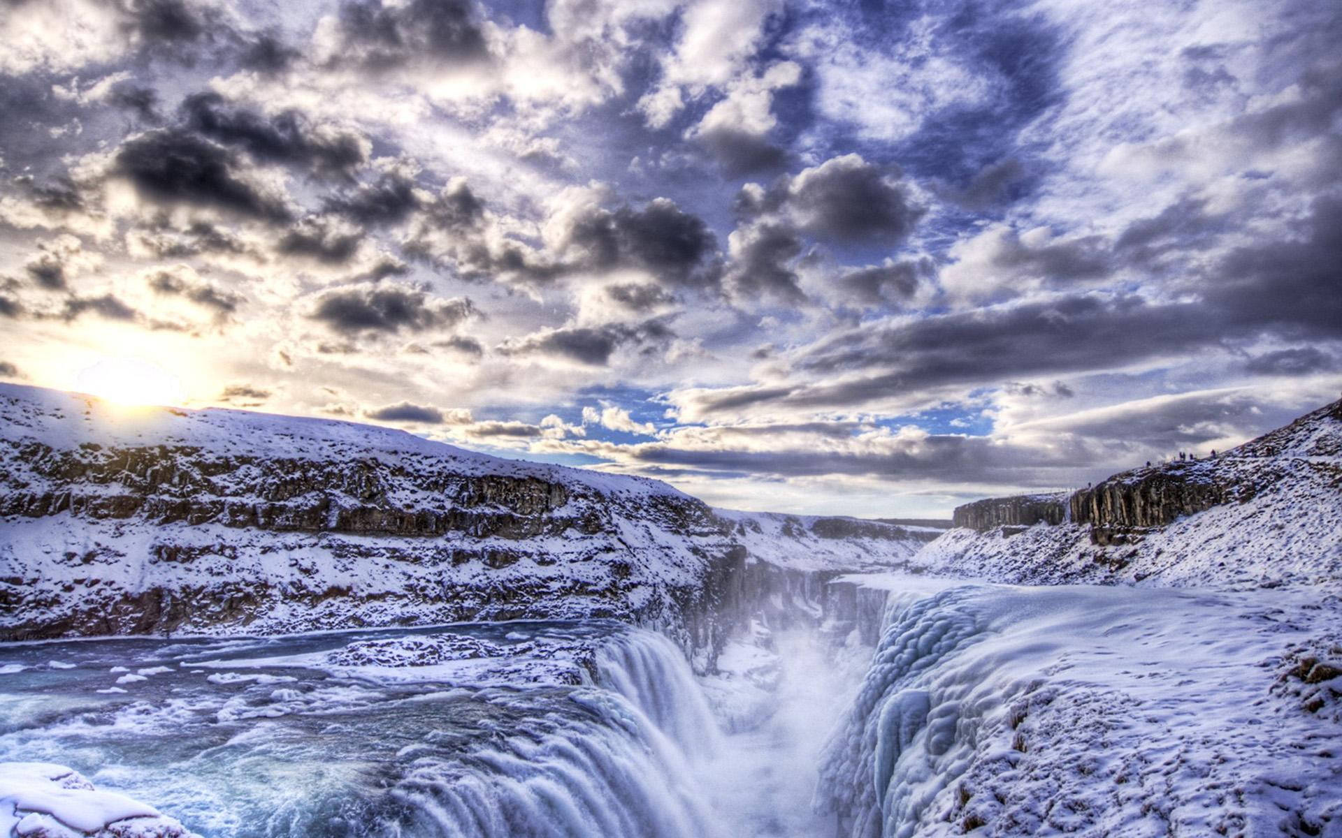 clouds, 1080P, 3d and abstract, waterfalls, snow, canyon, nature, blue, photography, cold, white, winter, HD Wallpaper