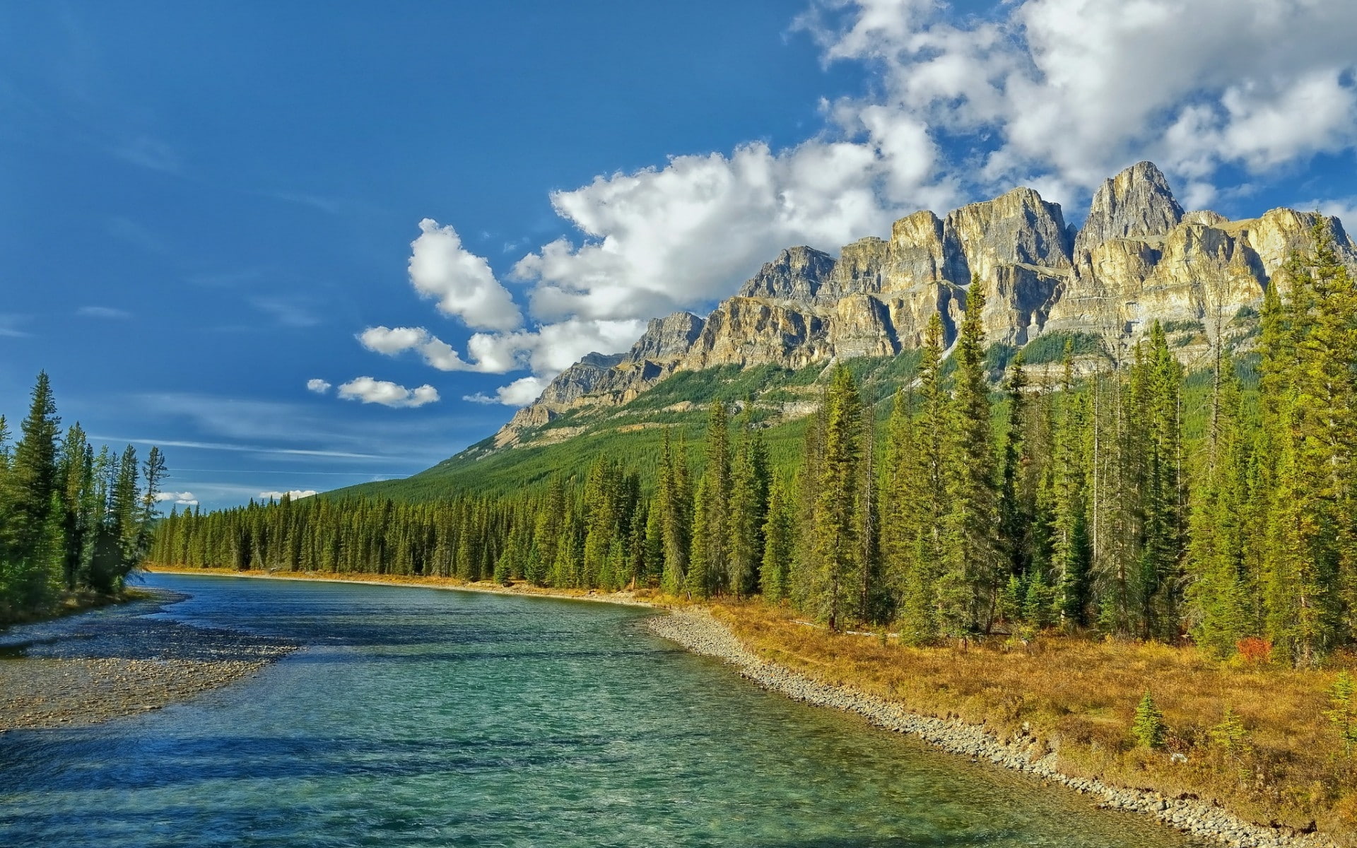1080P, nature, mountain, river, rocky, national, forest, park, mountains, landscape, harmony, blue sky, HD Wallpaper