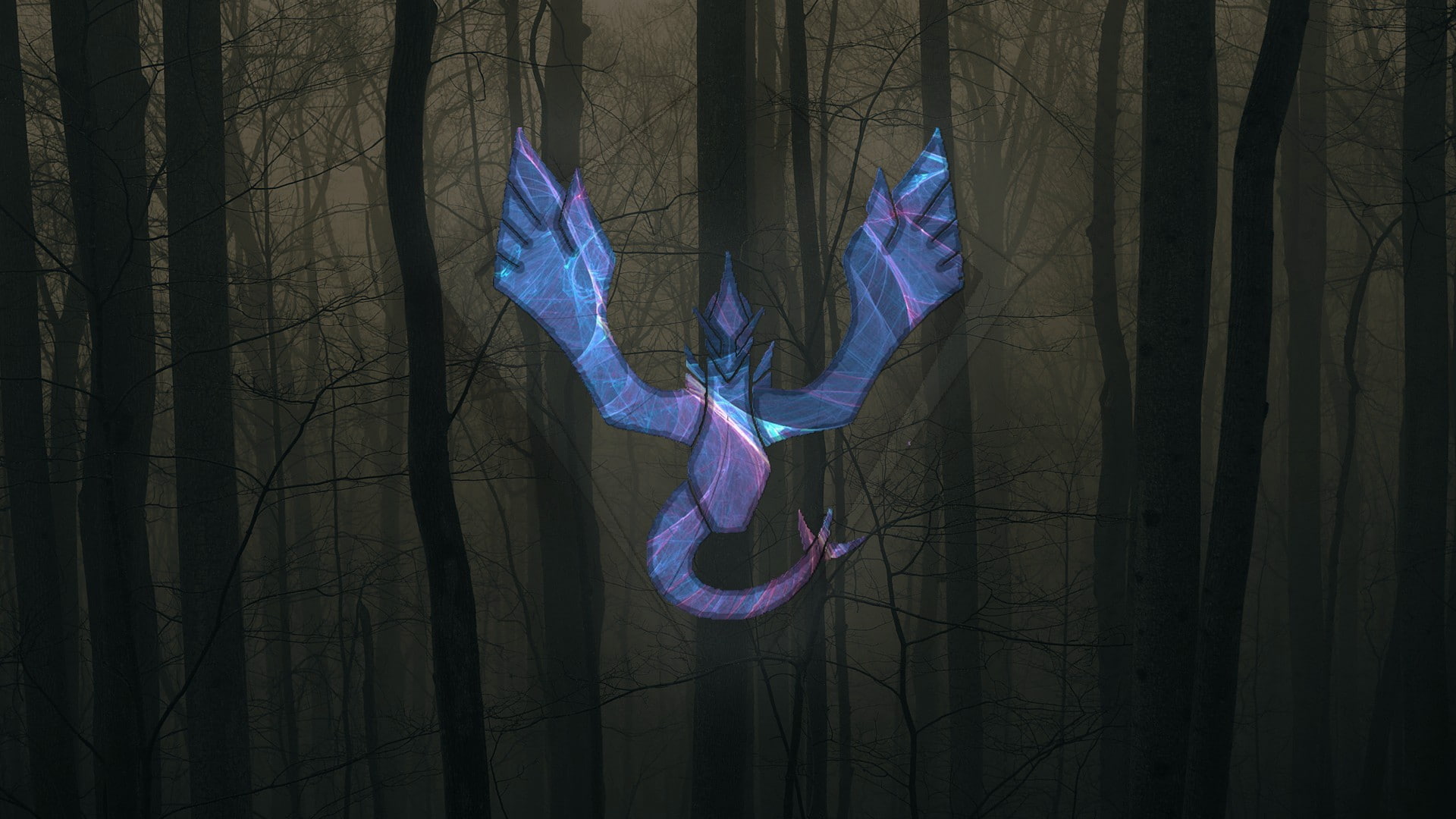 digital composite, blue, no people, forest, night, trunk, tree trunk, illuminated, pokmon lugia team harmony trees pokemon go, nature, textile, decoration, HD Wallpaper