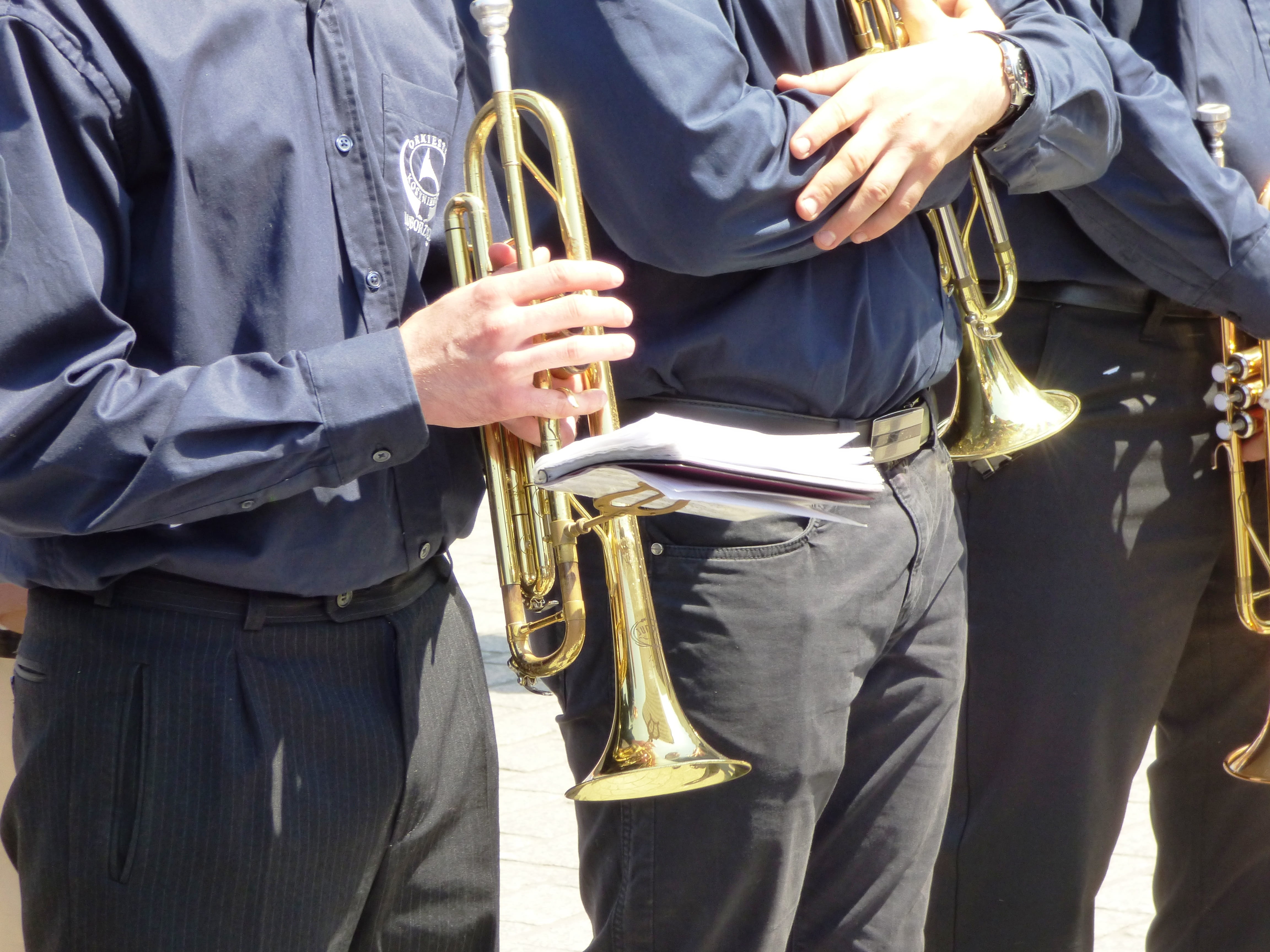 Instruments, brass instrument, arts culture and entertainment, brass, orchestra, men, playing, clothing, musician, 4K, Proboscis, artist, two people, scores, HD Wallpaper