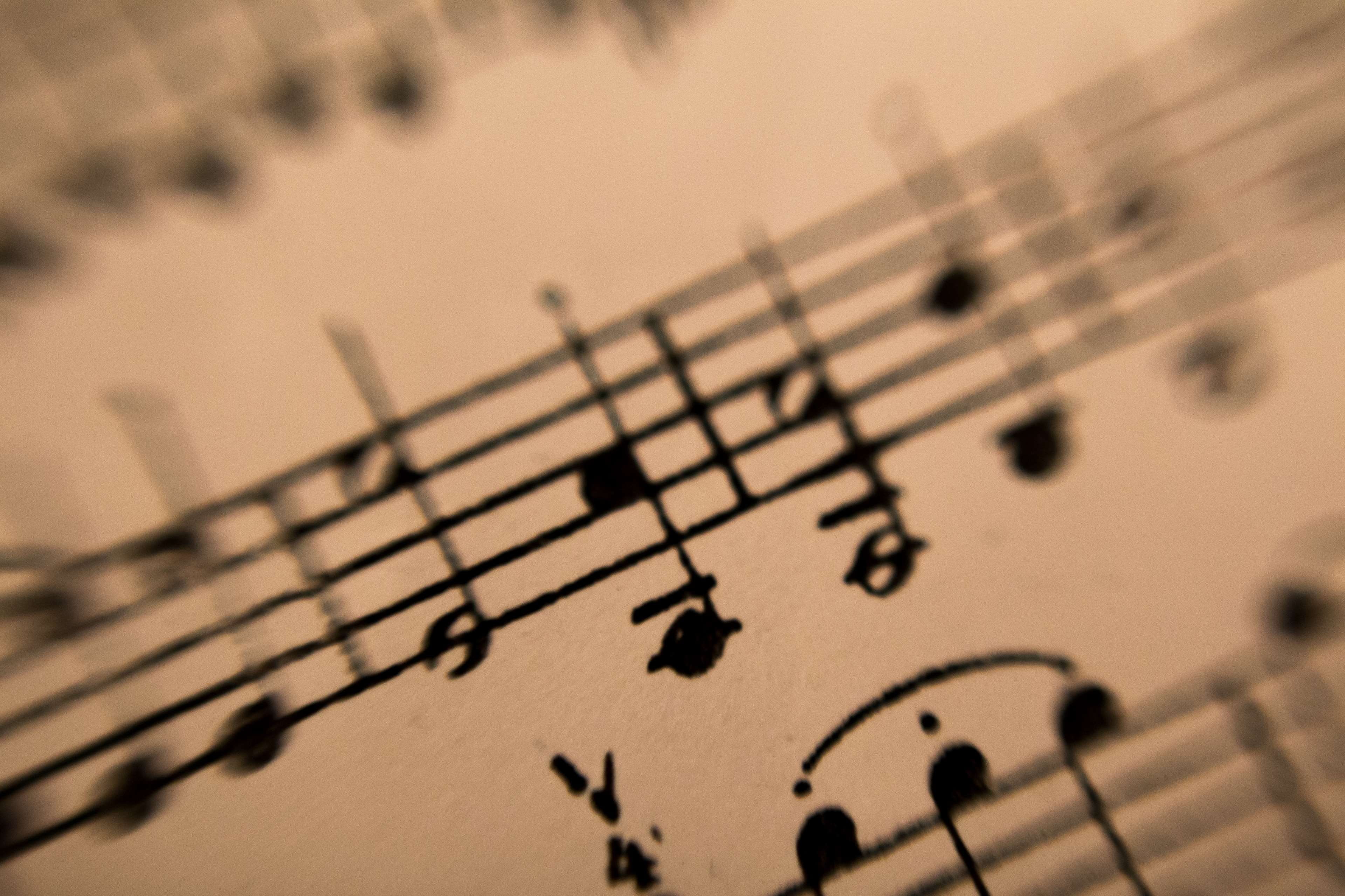 selective focus, sonate, paper, musical instrument, backgrounds, script, sheet music, harmony, note, string instrument, singing, arts culture and entertainment, HD Wallpaper