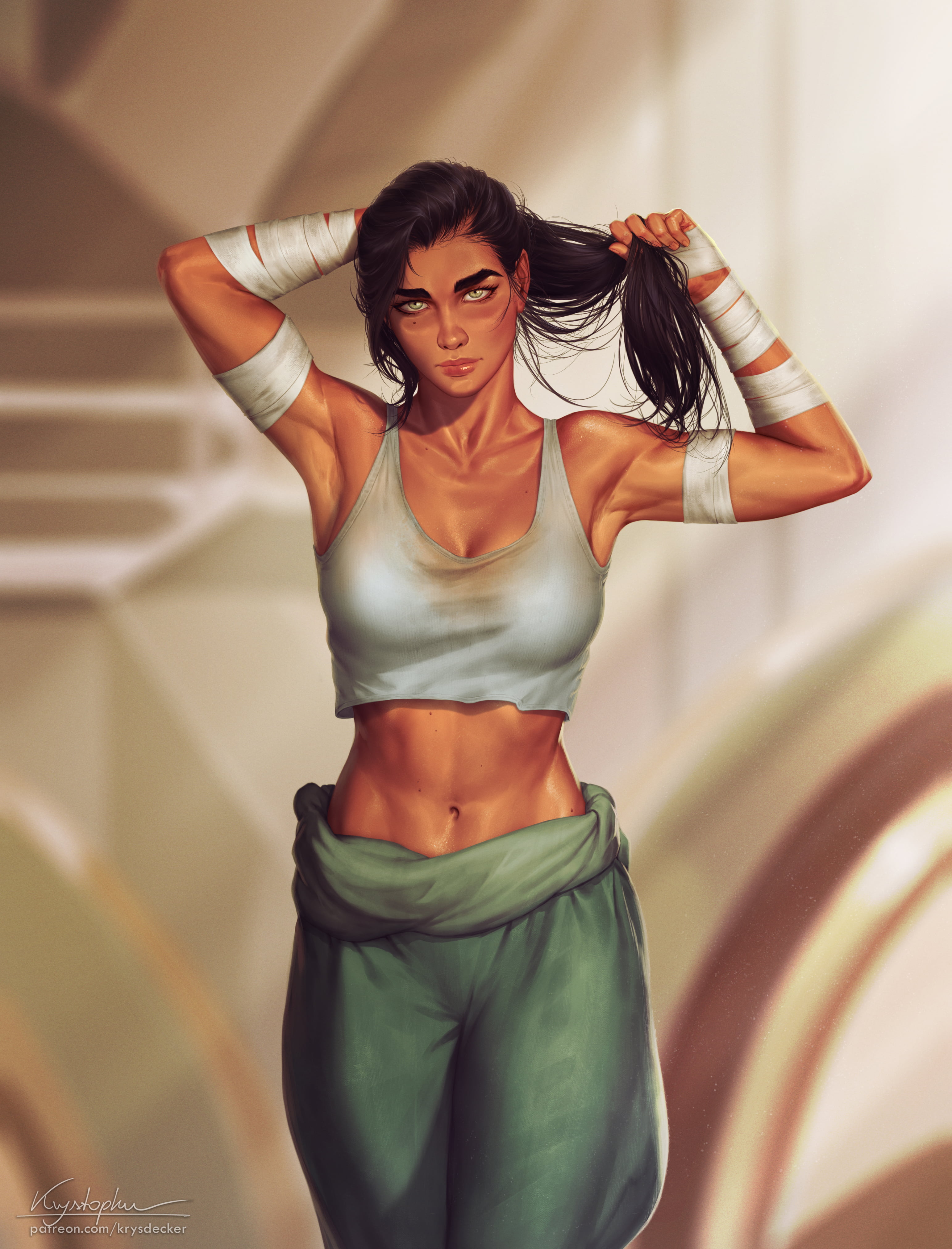 digital art, pants, vertical, bandage, 4K, brunette, illustration, belly, artwork, drawing, fan art, The Legend of Korra, looking at viewer, Kuvira (The Legend of Korra), Phone HD Wallpaper