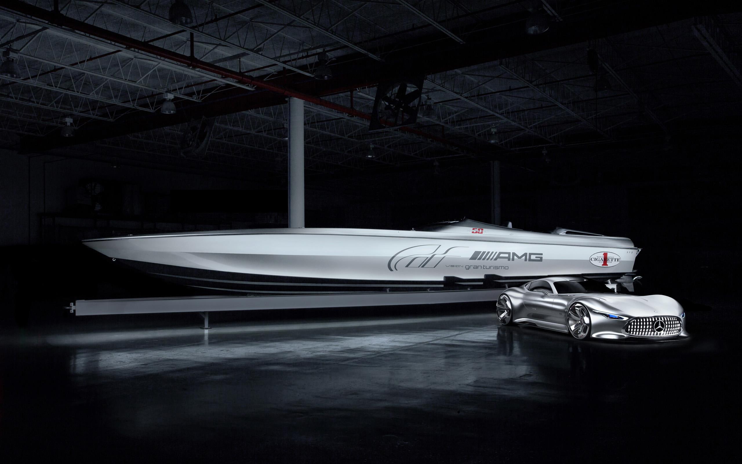 granturismo, cars, mercedes, 2K, gt, amg, silver, 2014, speed, racing, vision, boat, cigarette, mercedes benz, benz, HD Wallpaper