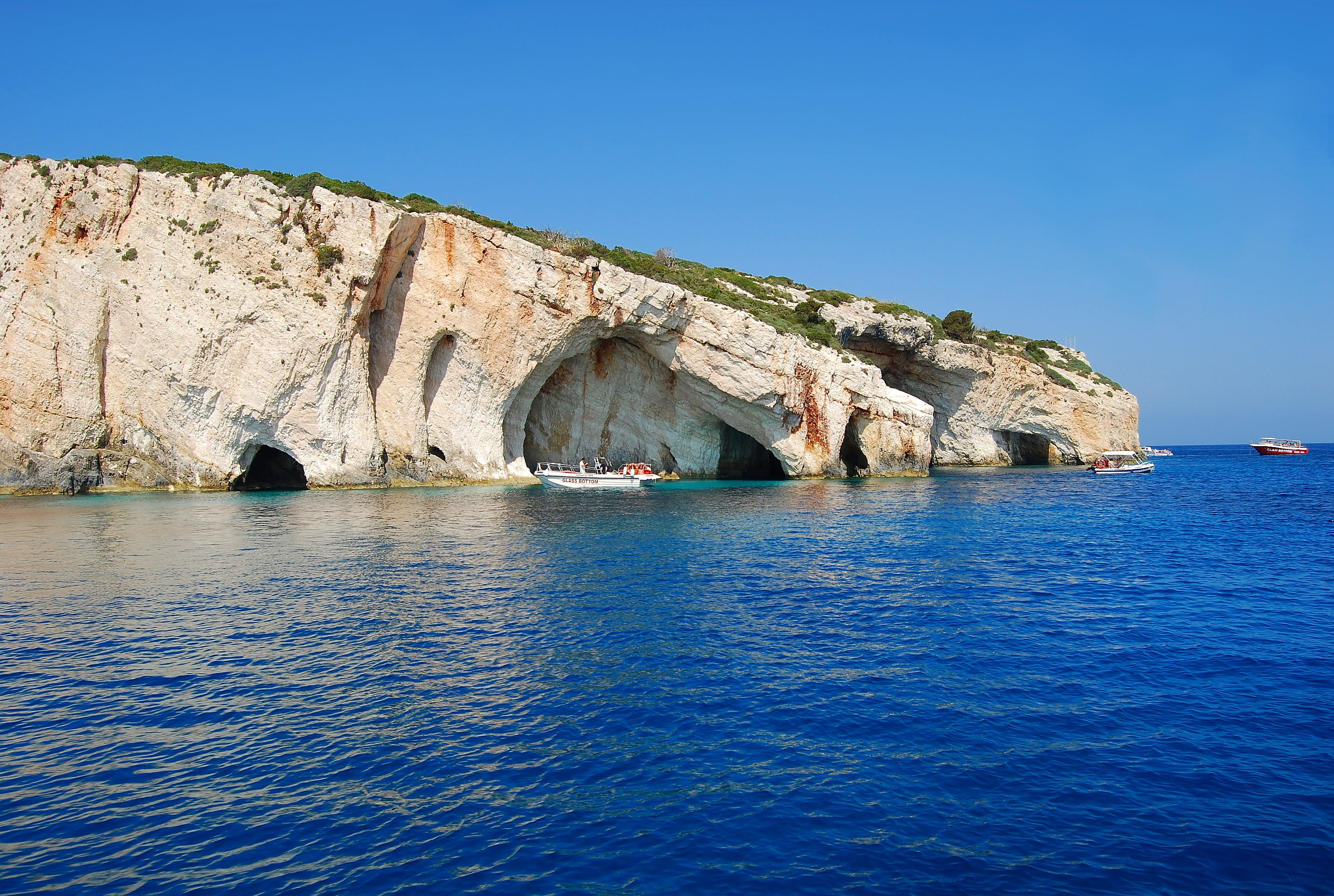 nature, waterfront, bay, rock formation, blue, architecture, sky, mediterranean, nautical vessel, the sun, built structure, caves, greece, day, summer, HD Wallpaper