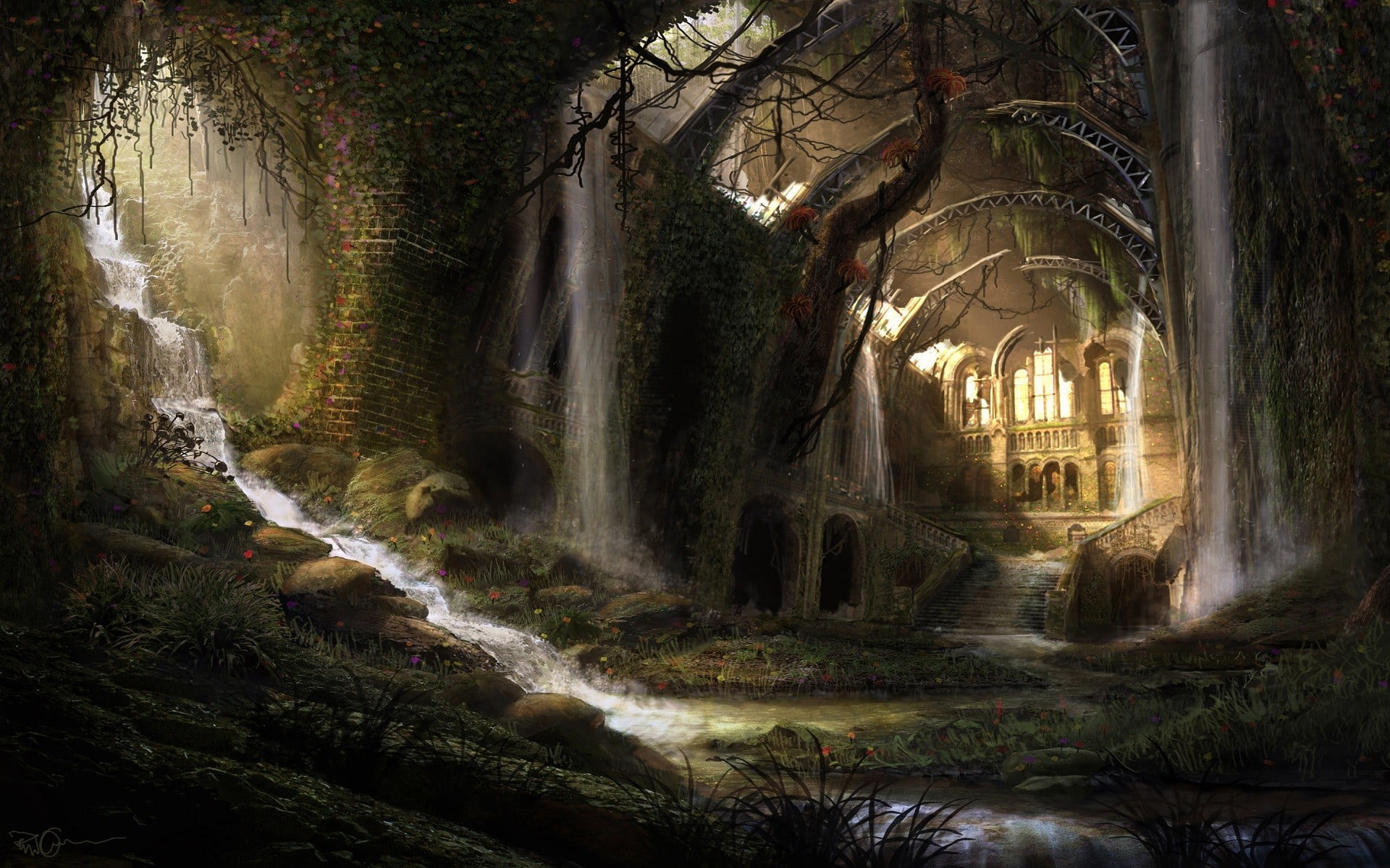 architecture, plant, building, forest, spirituality, painting, history, religion, built structure, waterfalls, no people, old, day, low angle view, belief, HD Wallpaper