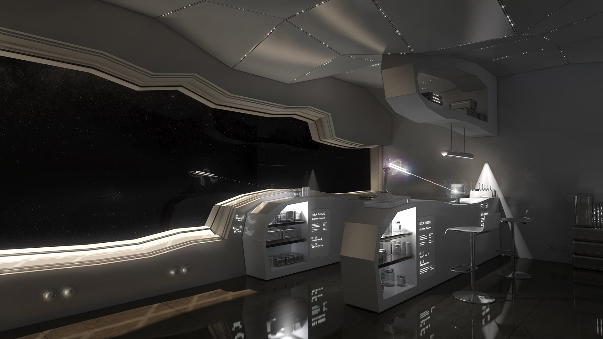 art, ray, ship, chairs, space, the window, 1080P, room, future, the room, HD Wallpaper