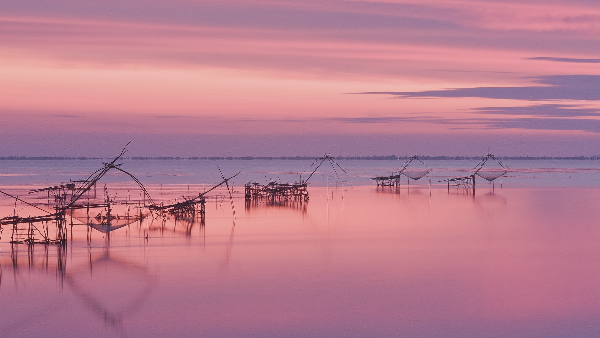 nets, sky, purple, fishing net, tranquility, tranquil scene, sea, nature, idyllic, lake, fishing, environment, fishing industry, non-urban scene, HD Wallpaper