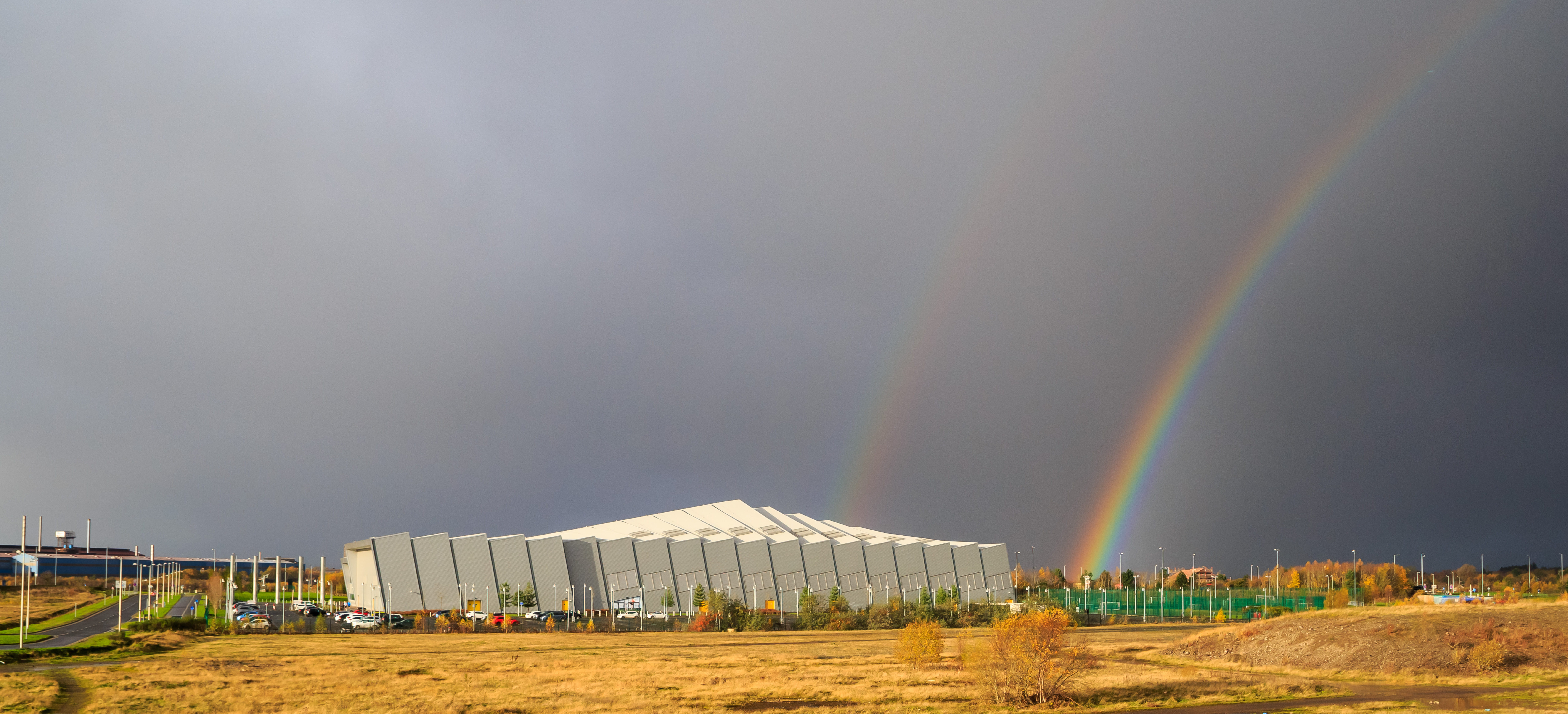 land, cloud - sky, built structure, 1 odonnell way, outdoors, rain, overcast, no people, wishaw, rainbow, architecture, landscape, tranquil scene, 8K, HD Wallpaper