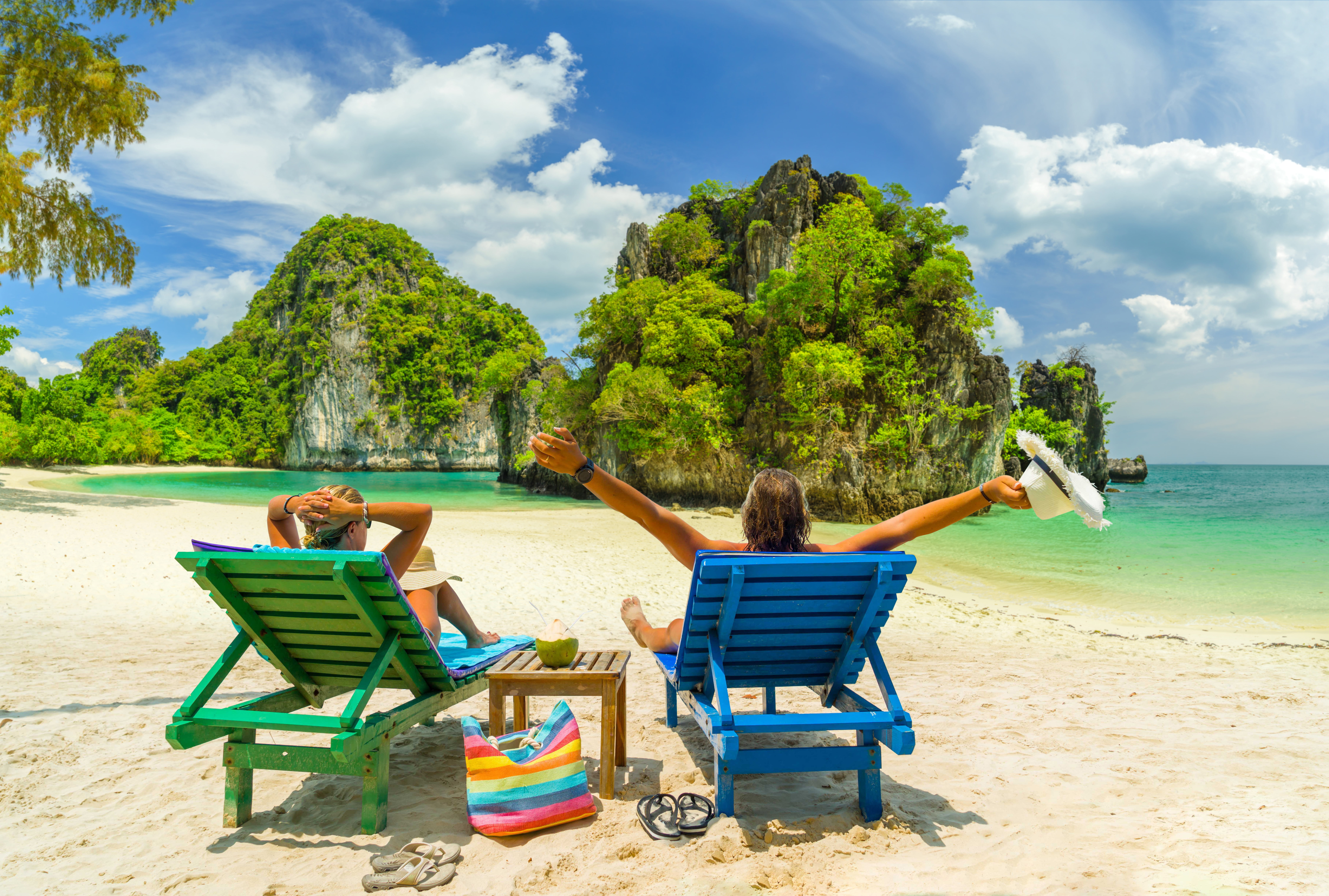 8K, nature, island, stay, chairs, rock, islands, HD Wallpaper