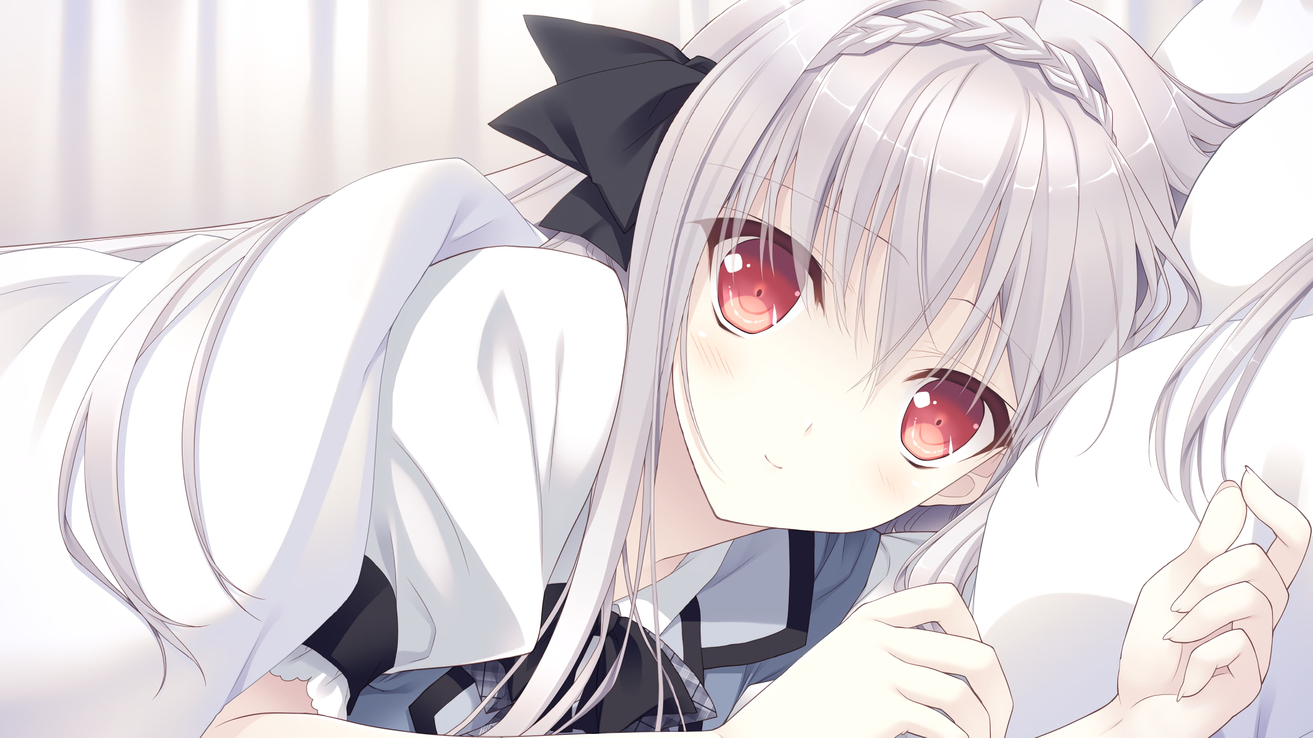 2K, red eyes, Sakurakouji Luna, in bed, anime girls, Tsuki ni Yorisou Otome no Sahou, anime, HD Wallpaper