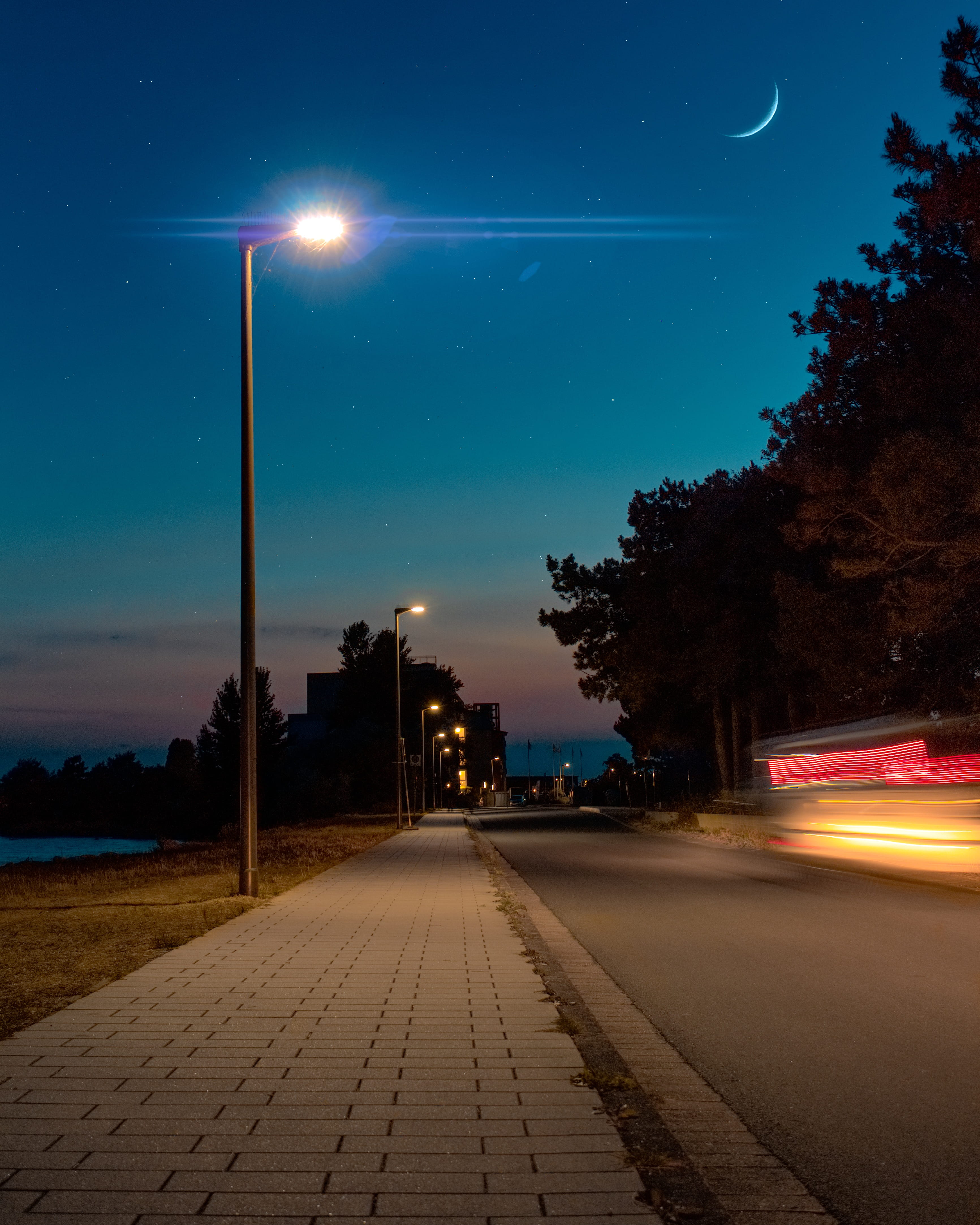 astronomy, night, long exposure, street light, transportation, outdoors, nature, lens flare, moon, scenics - nature, city, road, moonlight, illuminated, Phone HD Wallpaper