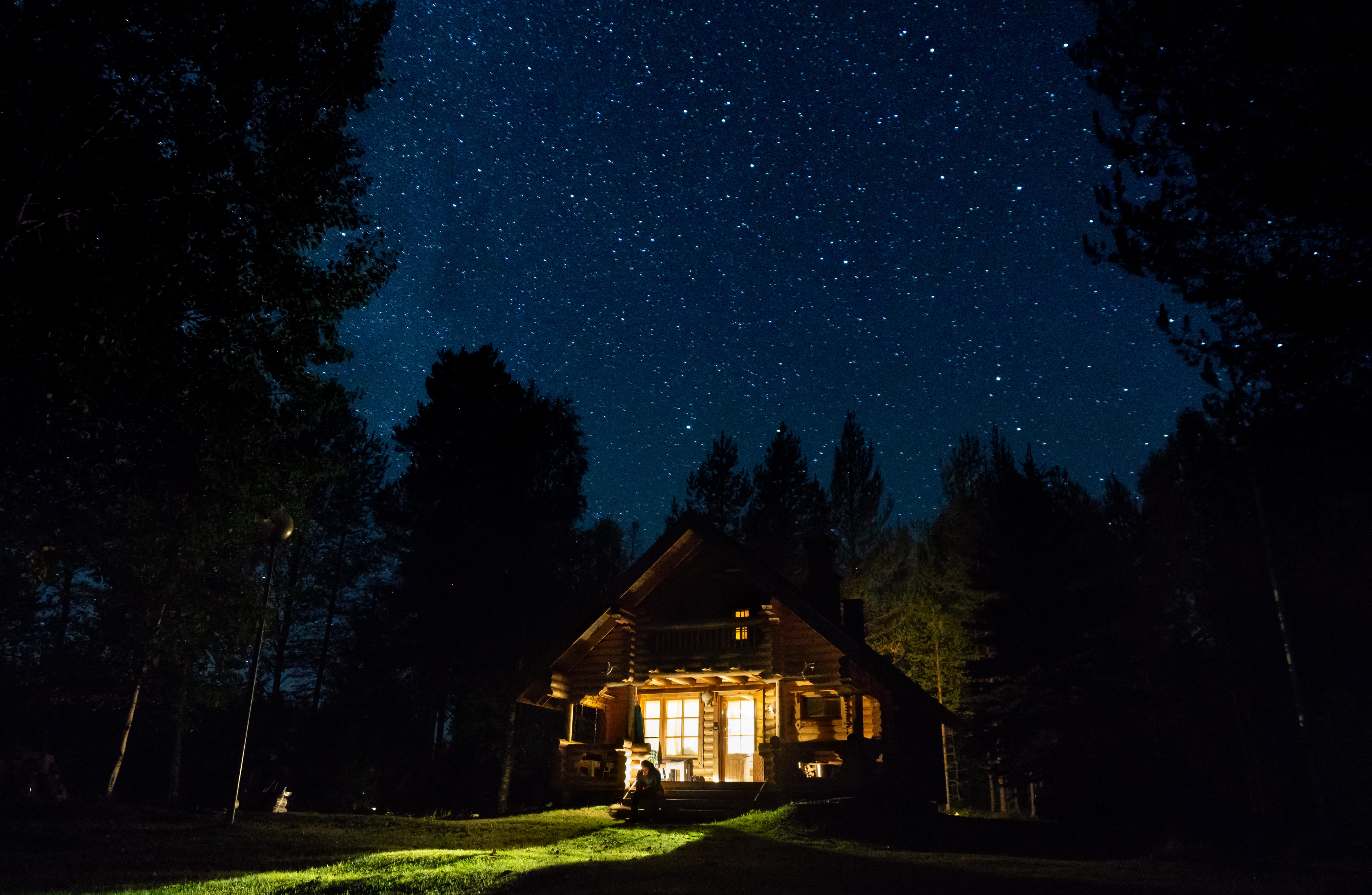 brown, architecture, star - Space, bright, nightsky, tree, non-Urban Scene, landscape, house, outdoors, night, turned, light, star, finland, wooden, cabin, HD Wallpaper