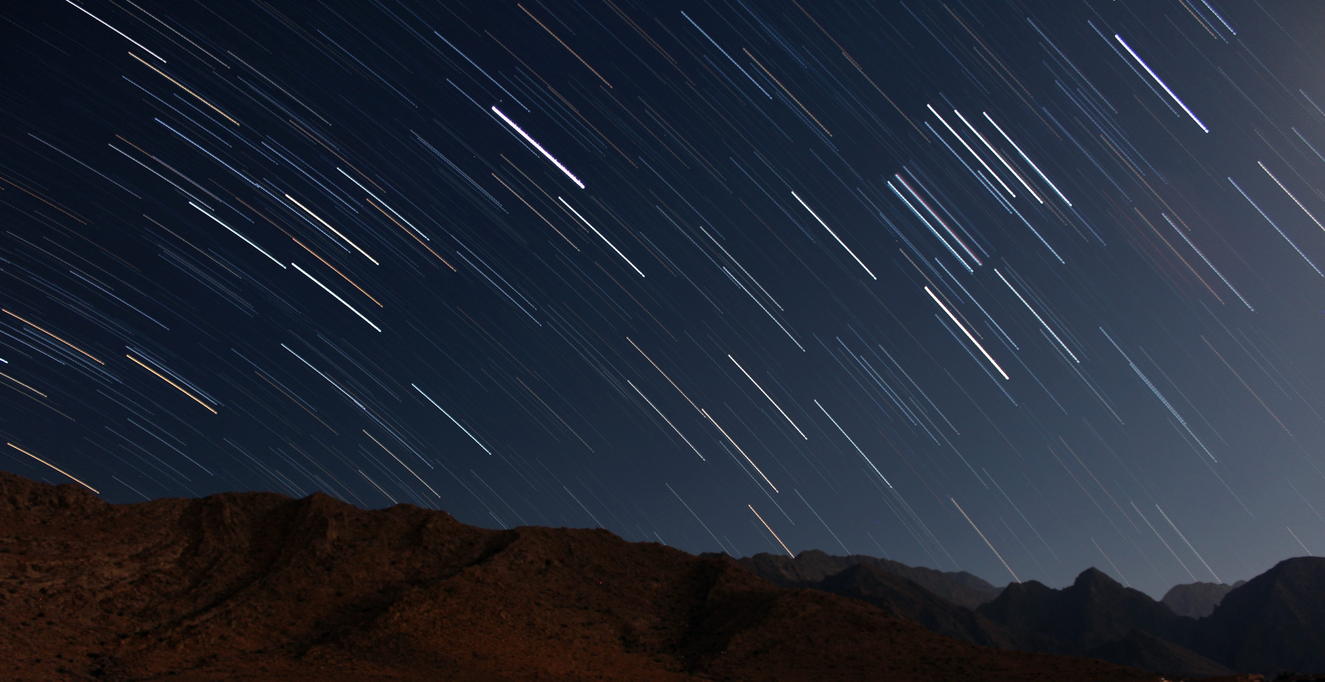 tranquility, constellation, trail, astronomy, heaven, motion, sky, motionblur, no people, long exposure, blur, star - space, desert, mountain range, dark, HD Wallpaper