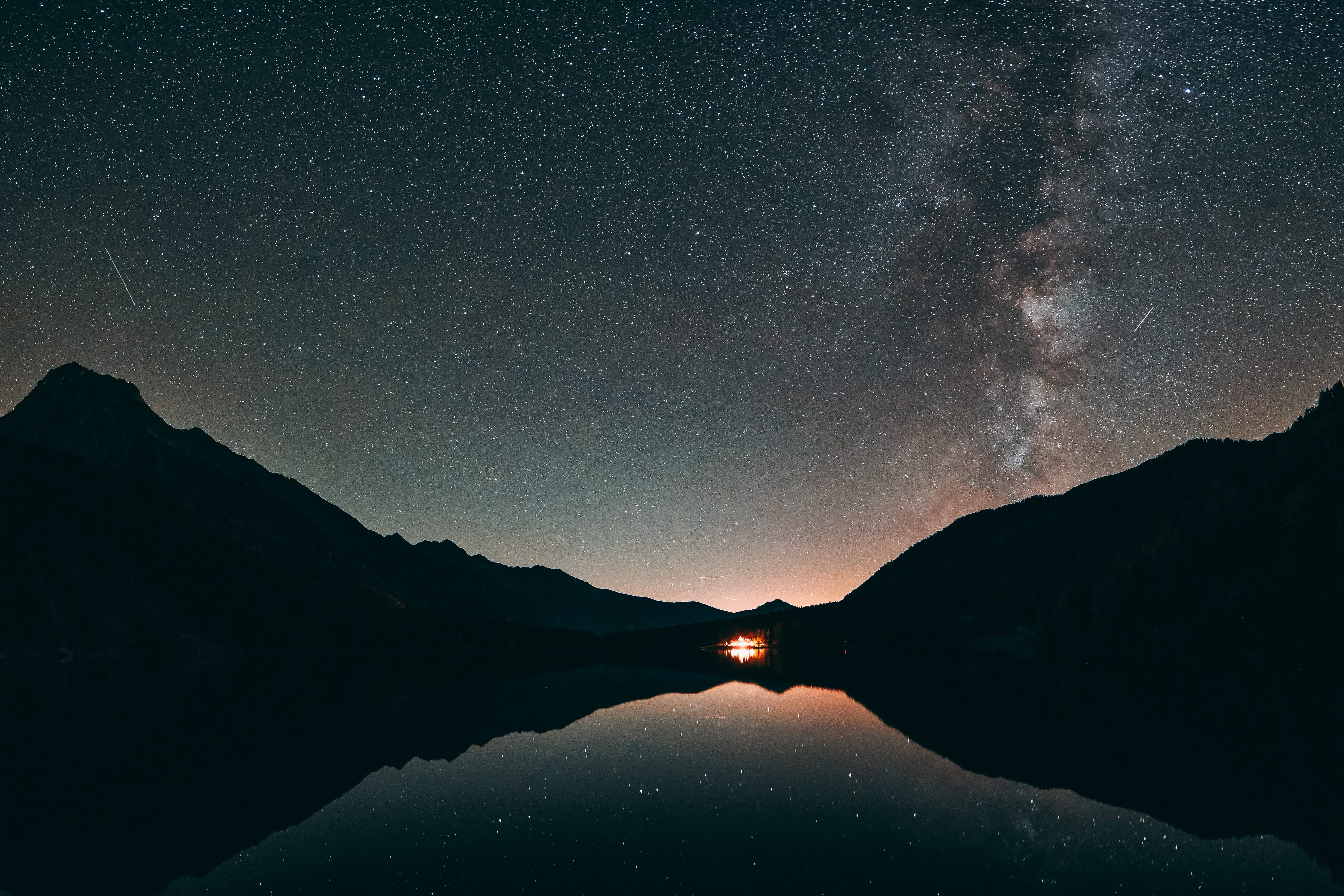 non-urban scene, space and astronomy, nightsky, body, starry night, galaxy, star field, 5K, astronomy, water, star, mountain range, night, mountain, dark, HD Wallpaper