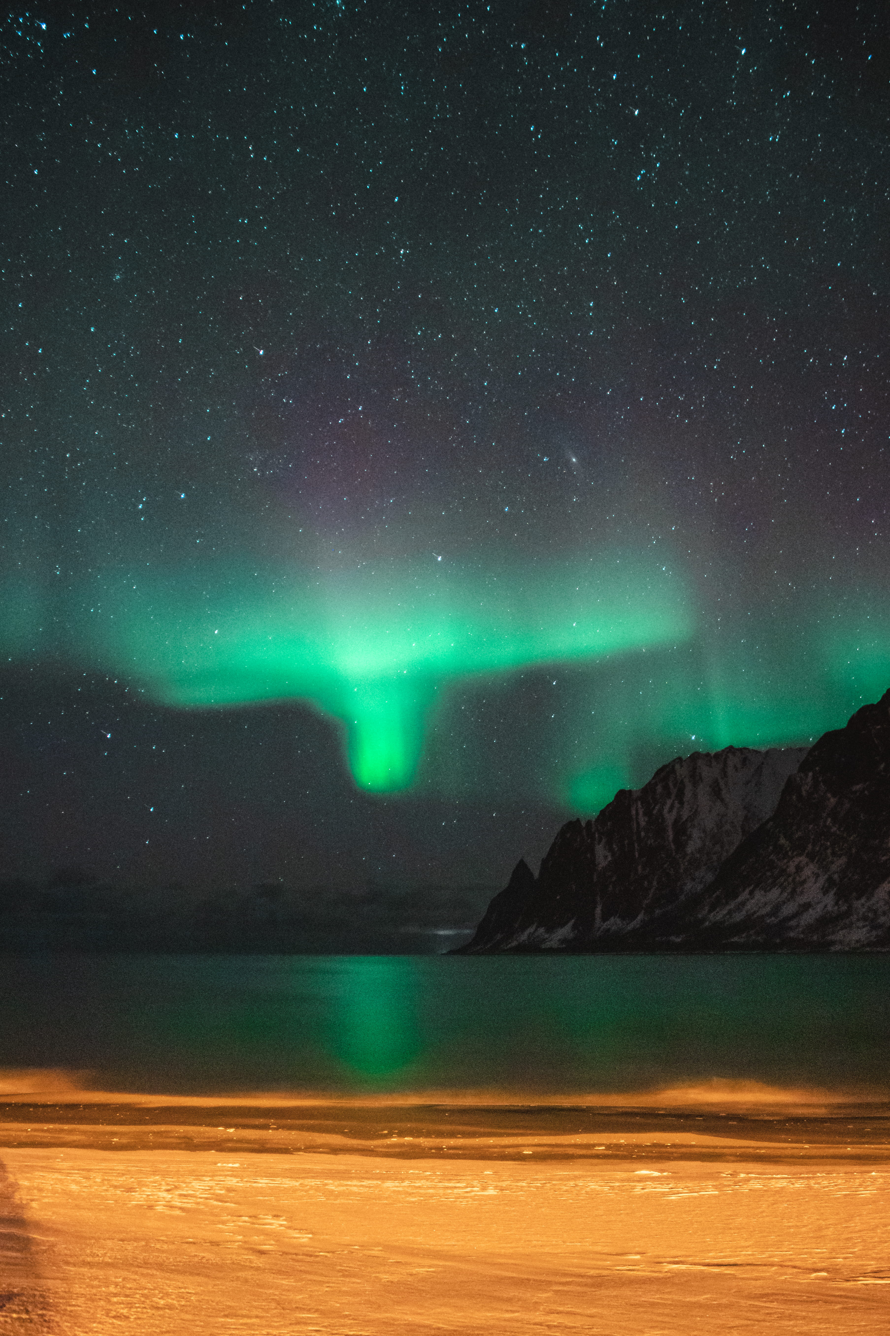 flat, nature, night, scenic, screen, mountains, sky, astronomy, green color, landscape, aurora polaris, outdoors, tv, idyllic, water, starry night, black, Phone HD Wallpaper