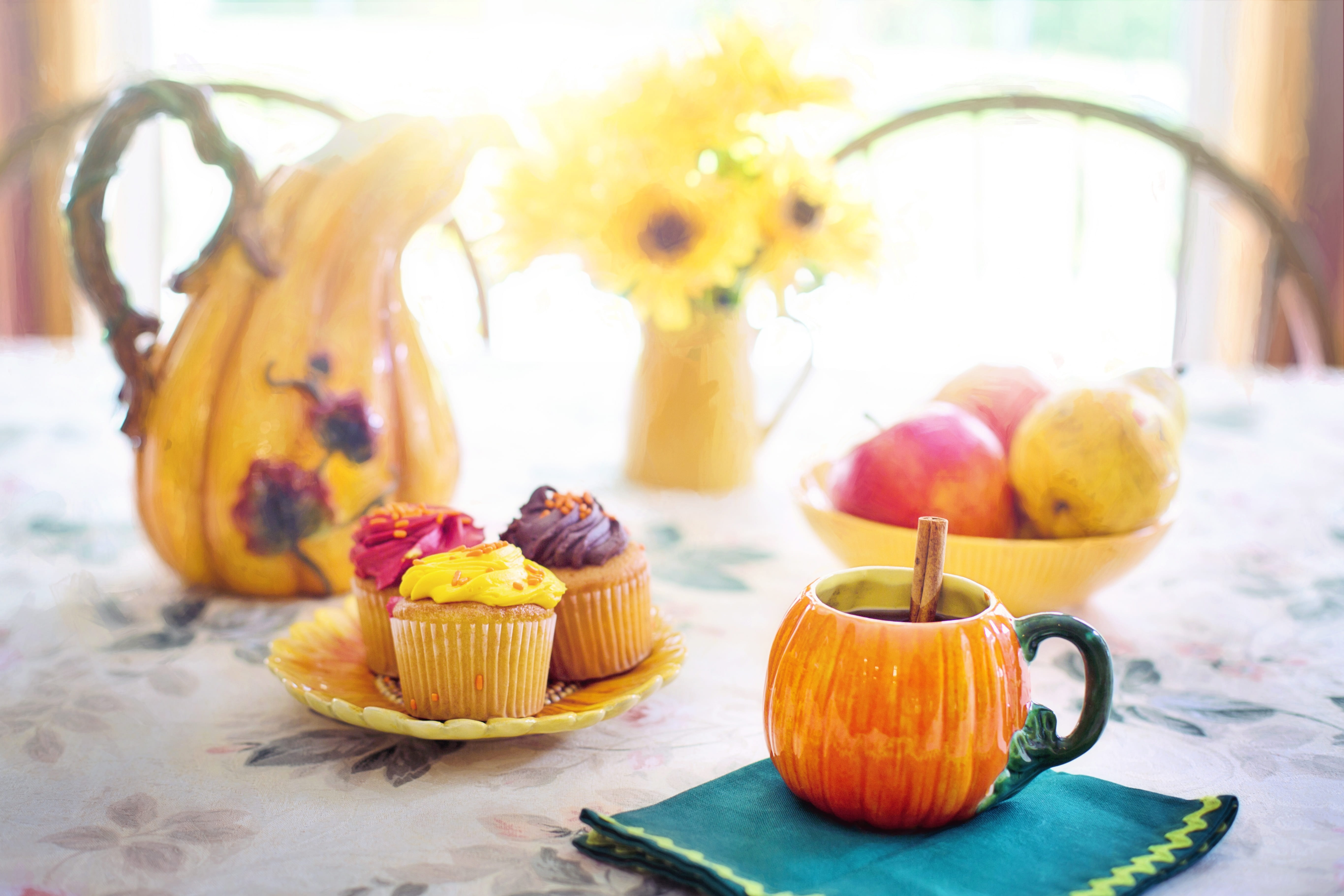 nature, indoors, orange, yellow, healthy eating, autumn, food and drink, food, fruit, cake, sweet food, fall, 5K, flowering plant, focus on foreground, HD Wallpaper