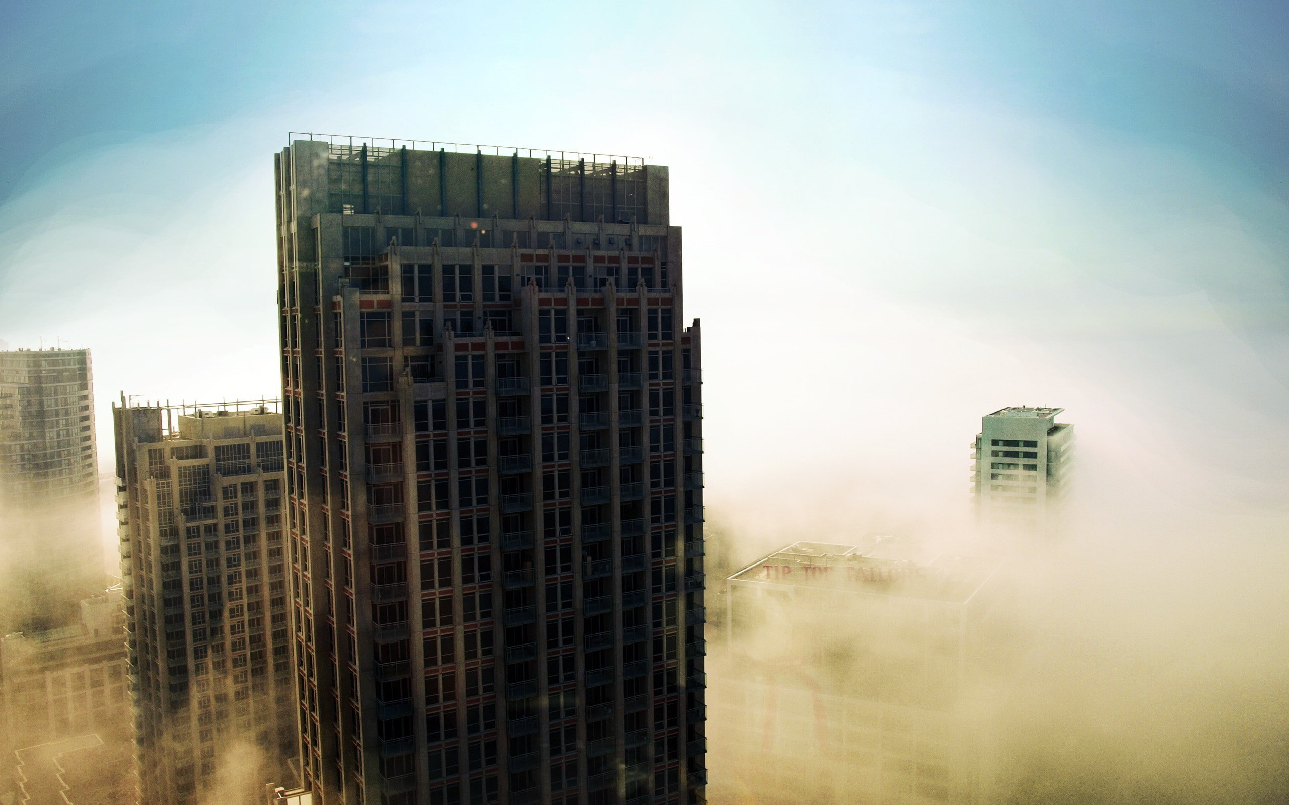 outdoors, clouds, fog, bright, day, Sun, nature, apartment, modern, city, no people, sky, office, mist, building, residential district, 2K, tall - high, HD Wallpaper