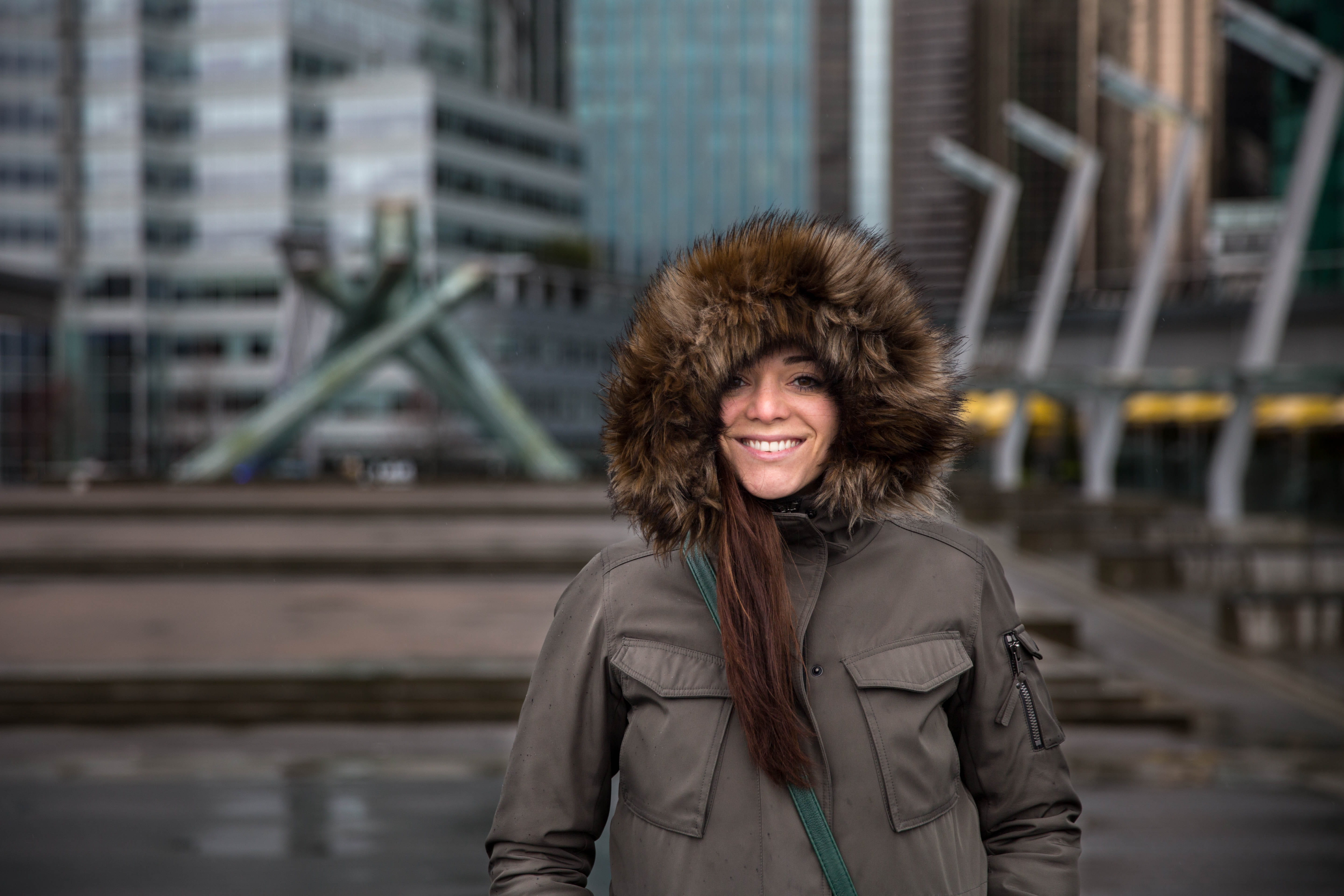 zing, building exterior, good vibes only, vancouver, jacket, girl, downtown, standing, canada, hairstyle, brown hair, cold, one person, bundle up, built structure, HD Wallpaper