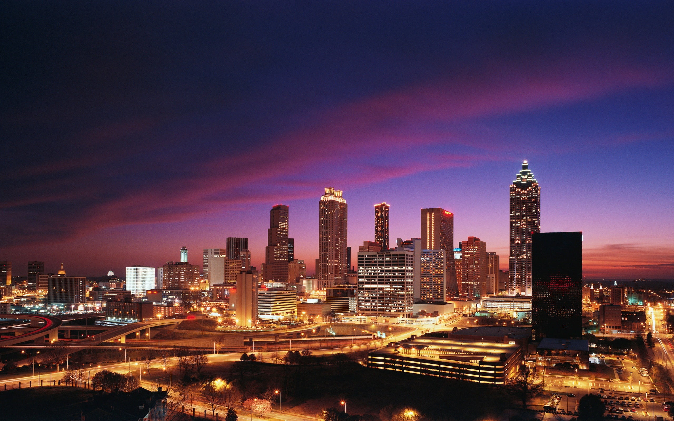 illuminated, lights, landscape, atlanta, city life, office building exterior, uSA, outdoors, downtown, architecture, dusk, building, night, building Exterior, HD Wallpaper