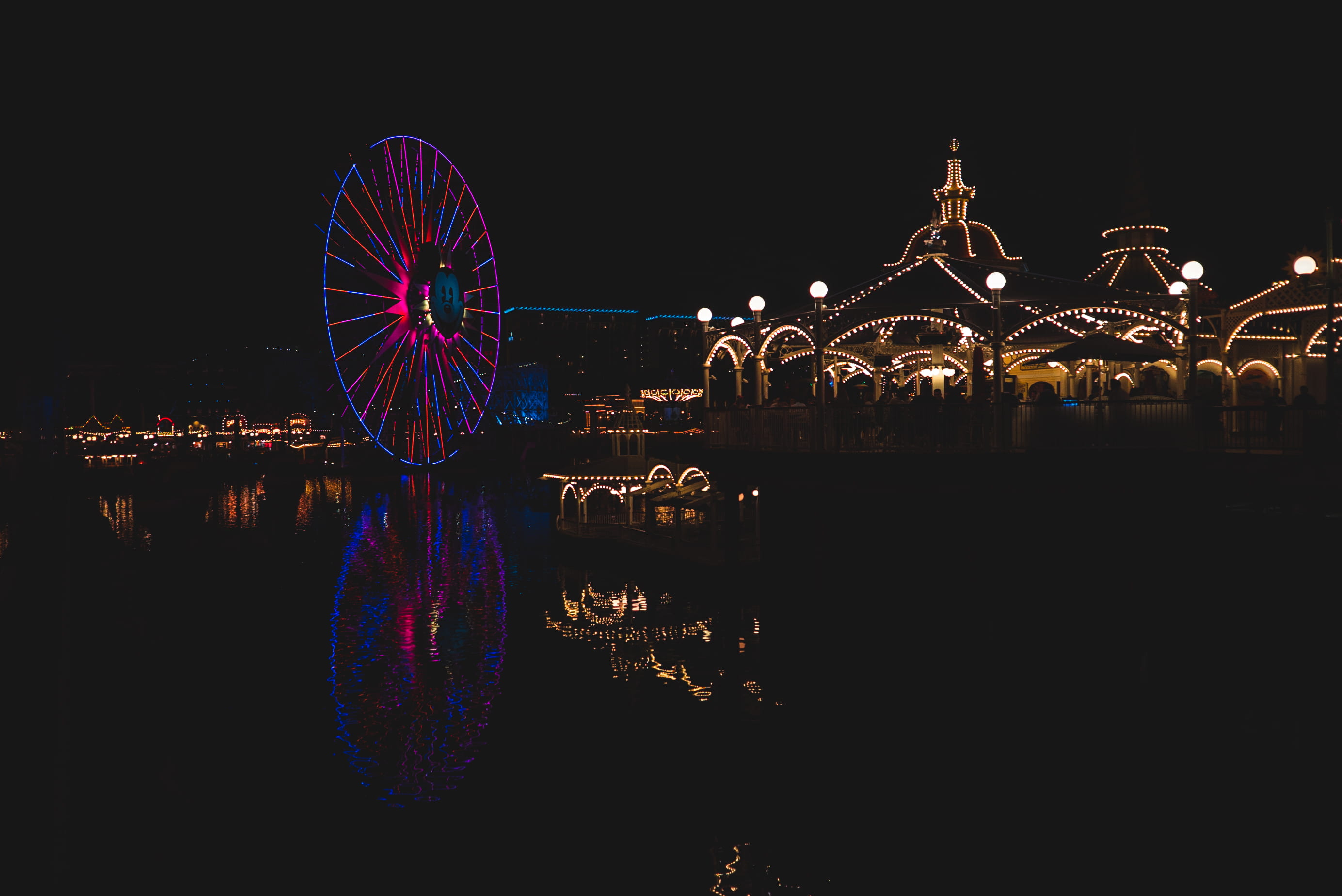 travel, wheel, blue, amusement park, funfair, nature, illuminated, carnival, outdoors, night, amusement park ride, sky, travel destinations, 2K, photography, HD Wallpaper