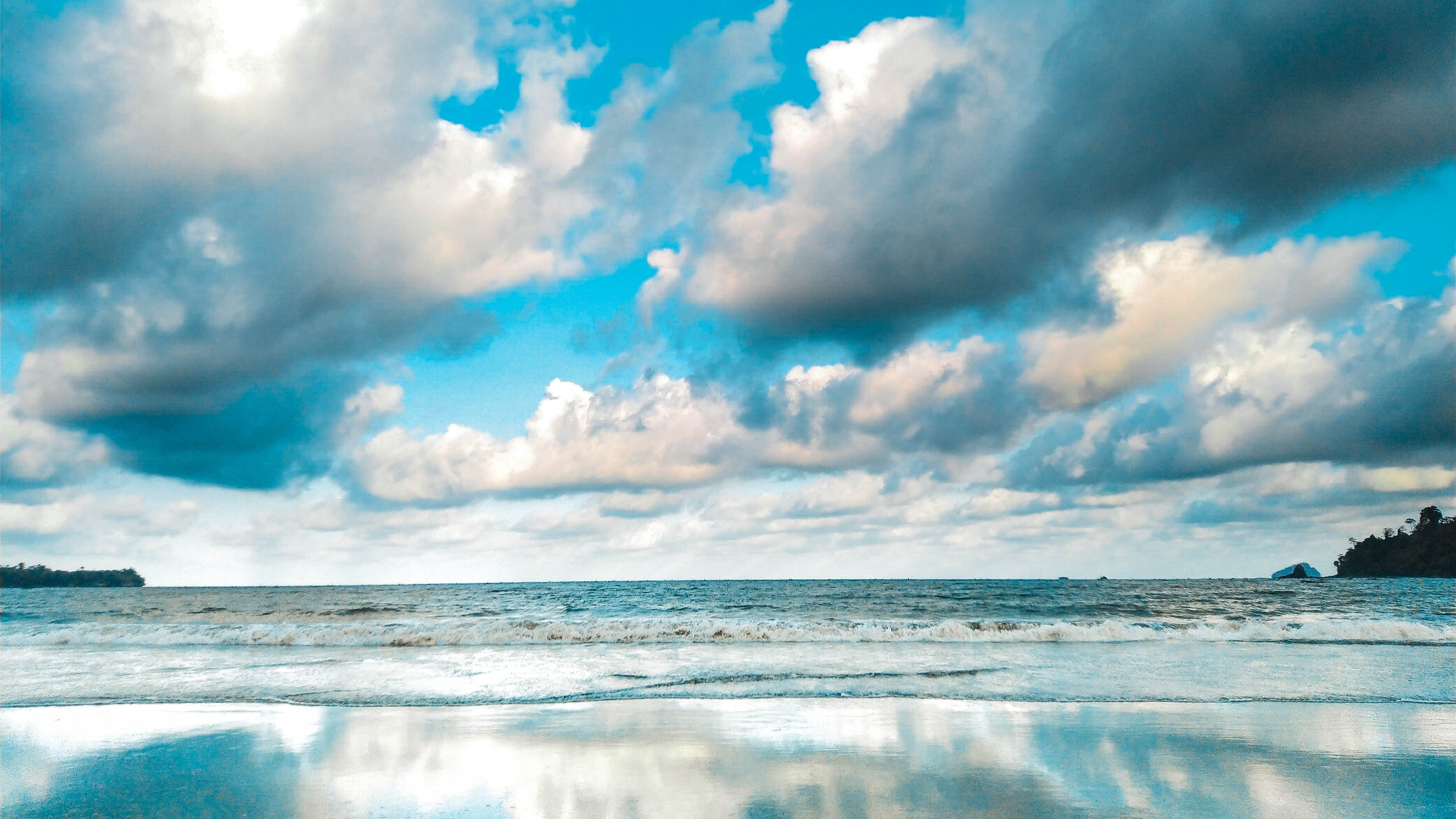 clam, still, beach, wave, clouds, tranquility, summer, seascape, motion, water, dramatic, reflection, sky, outdoors, ocean, storm, no people, day, 4K, HD Wallpaper