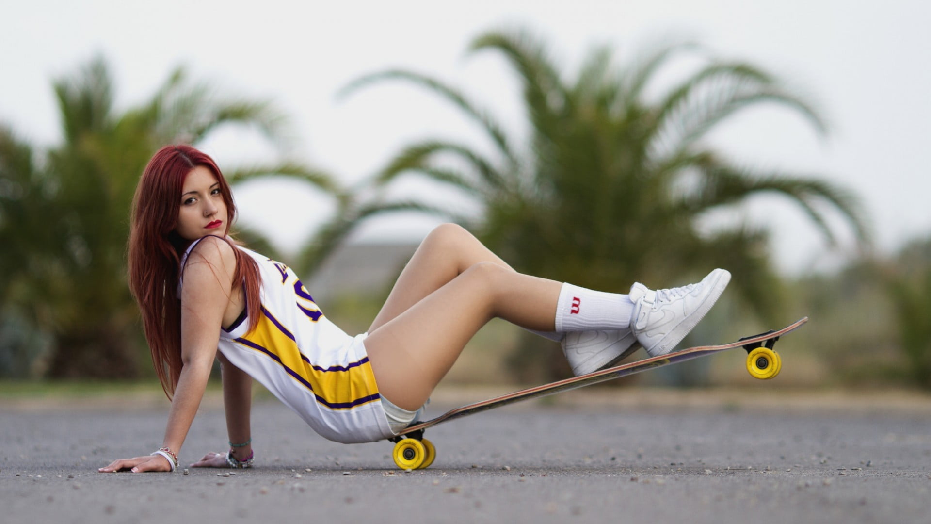 young women, palm tree, Dervish Longboards, 1080P, sport, beautiful woman, hair, full length, women outdoors, sitting, looking at viewer, outdoors, one person, HD Wallpaper
