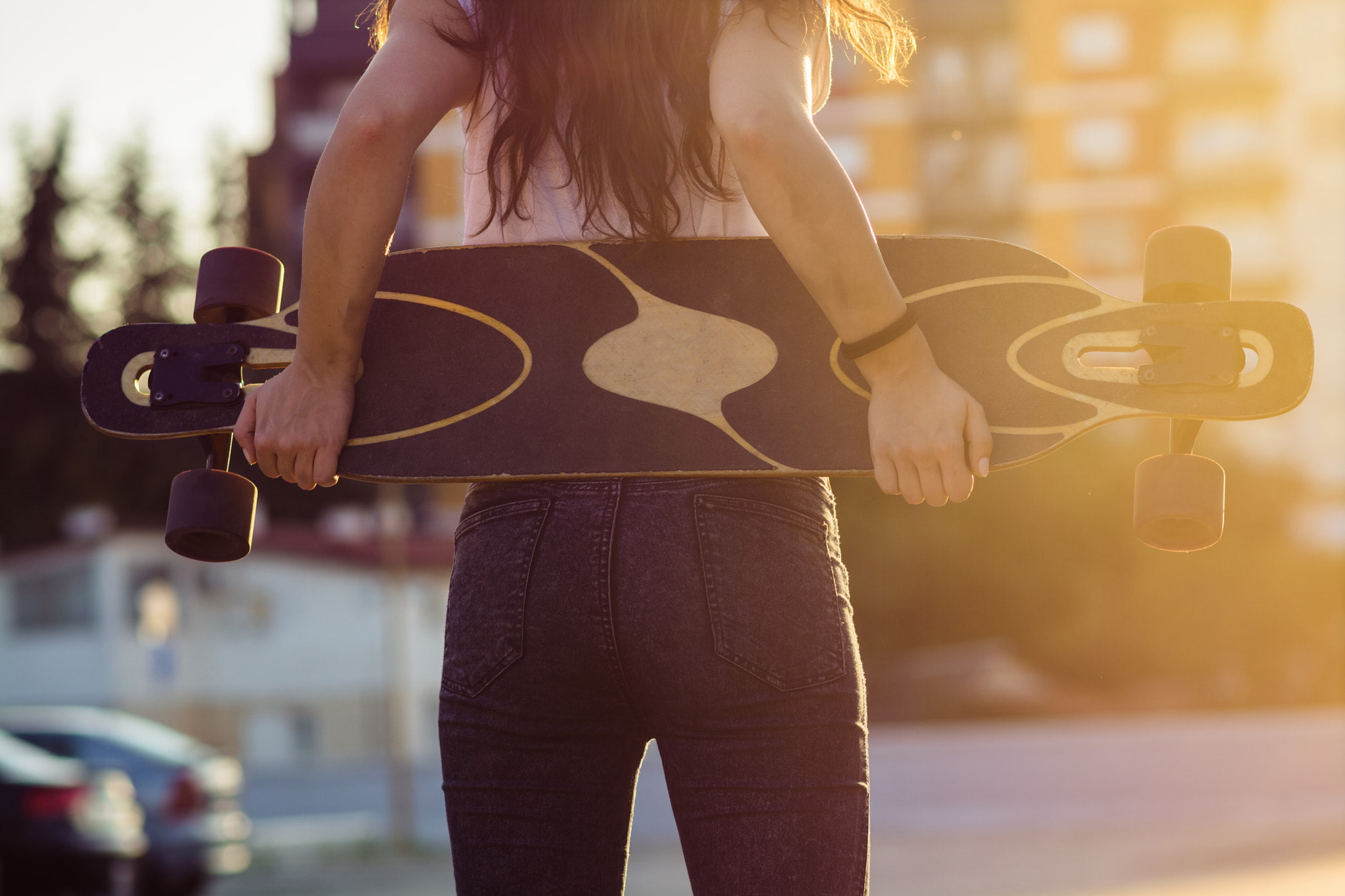1080P, white shirt, longboard, brunette, denim, Igor Sinkov, jeans, women, back, HD Wallpaper