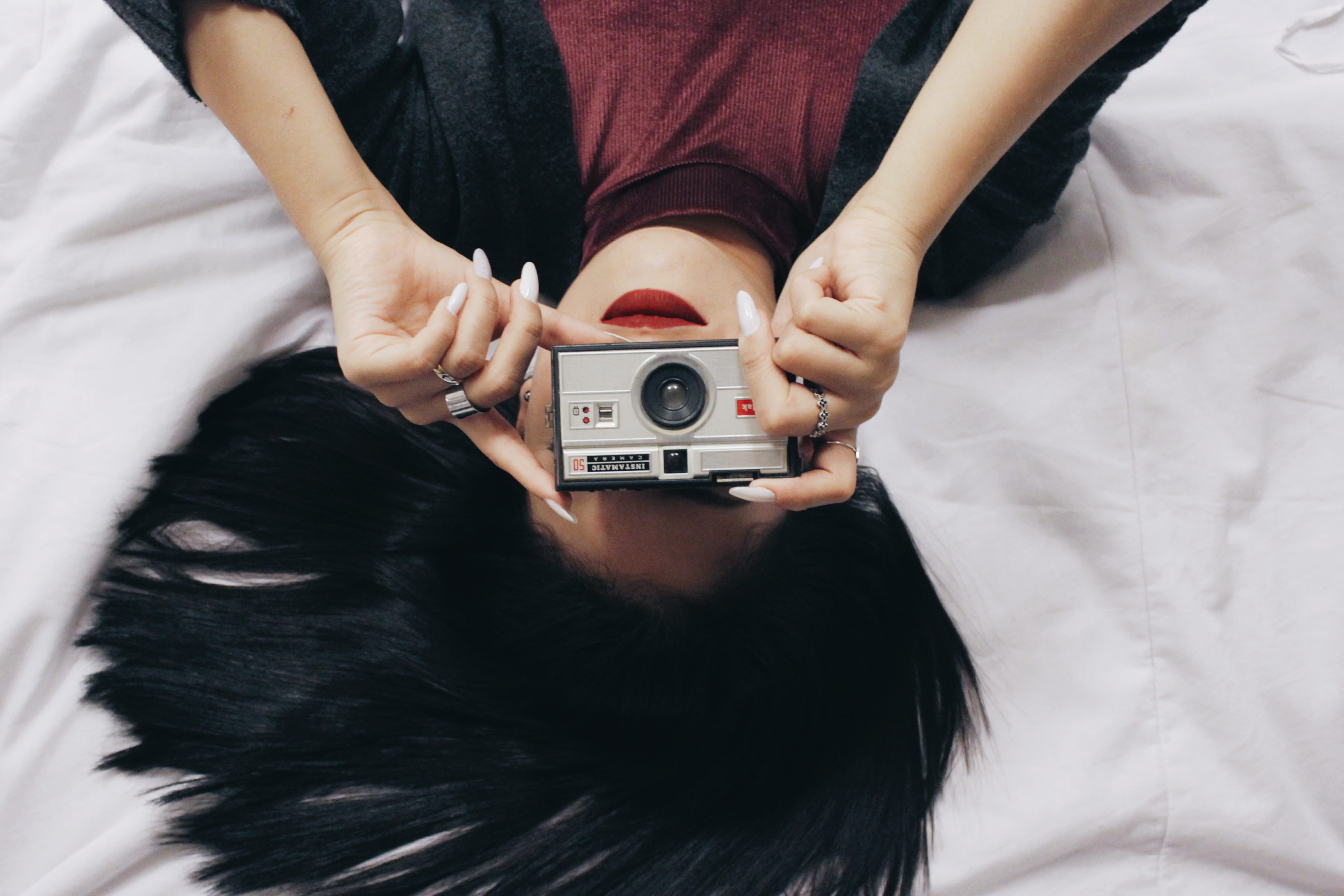 4K, cameaa, top, photographing, gray, indoors, black hair, shoot, human body part, woman, real people, photography themes, technology, slr camera, one person, HD Wallpaper