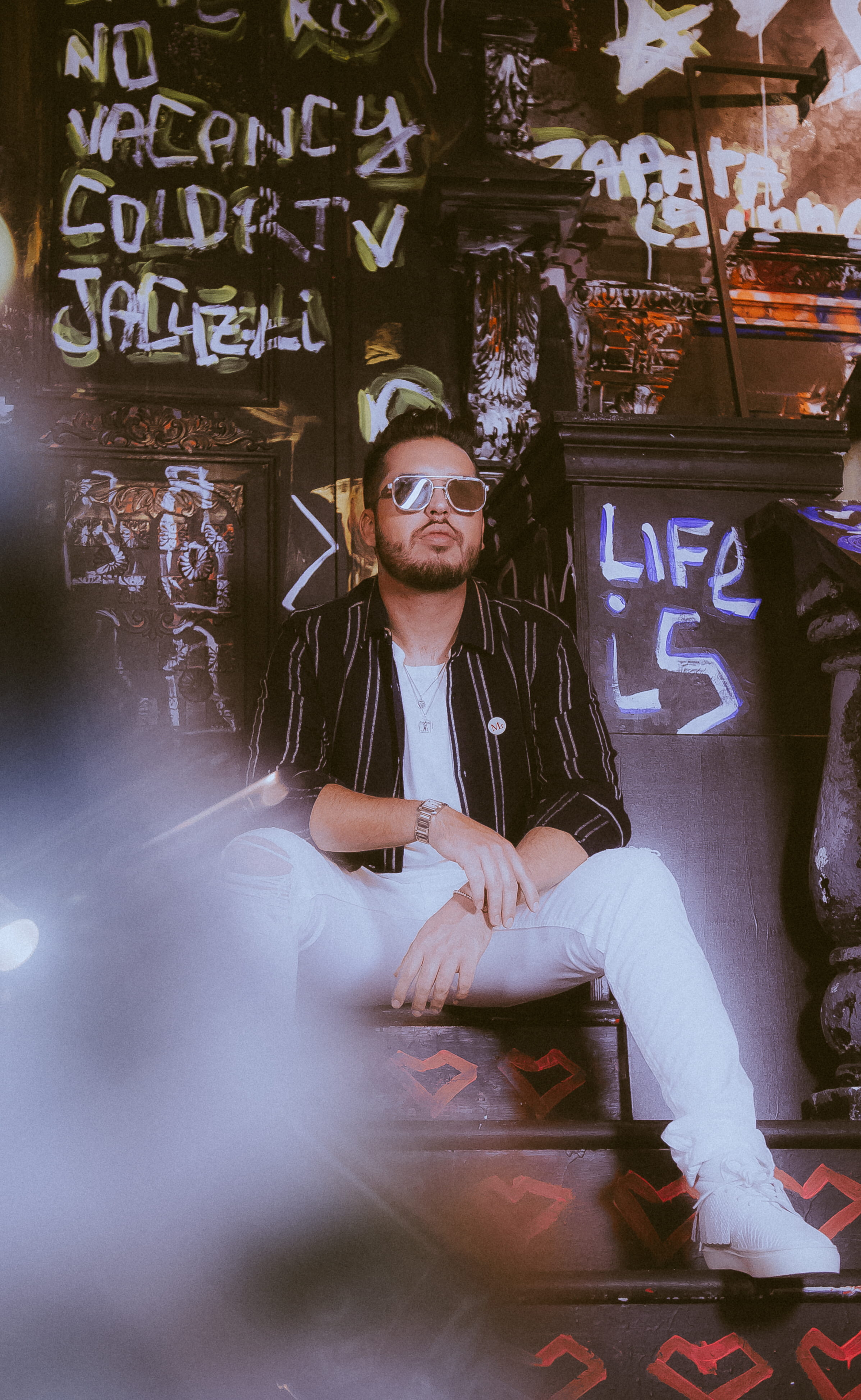 real people, stair, men, young adult, man, wall, retro, jacket, white, step, black, denim jeans, mid adult, front view, relaxation, portraitphotography, Phone HD Wallpaper