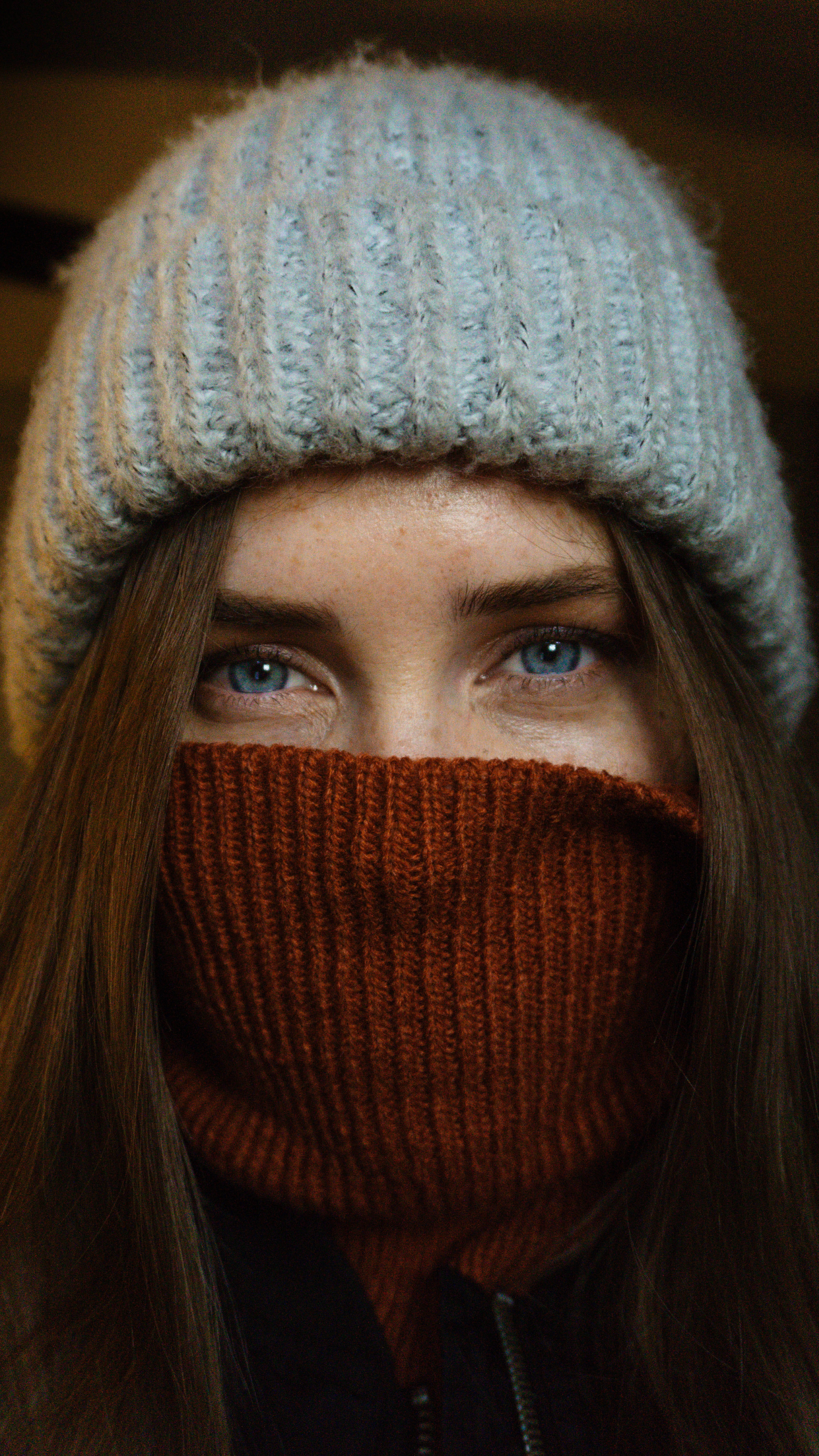 body part, scarf, winter clothing, winter, gray beanie, indoors, winter portrait, looking at camera, 5K, beautiful eye, headshot, portrait, warm clothing, Phone HD Wallpaper