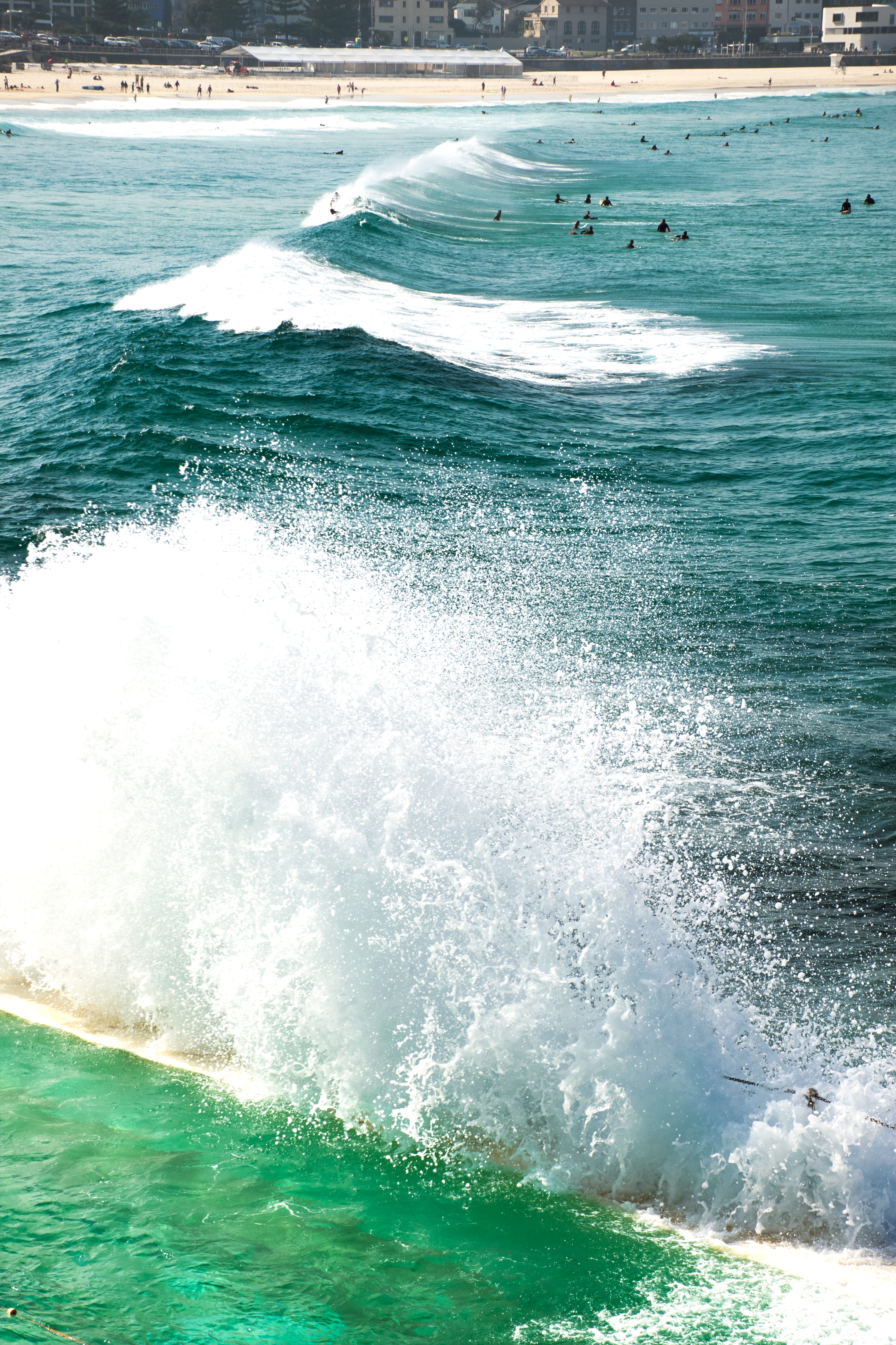 wave, waterfront, ocean, splashing, motion, land, breaking, beauty in nature, sydney, australia, scenics - nature, day, outdoors, bondi, bondi beach, power in nature, Phone HD Wallpaper