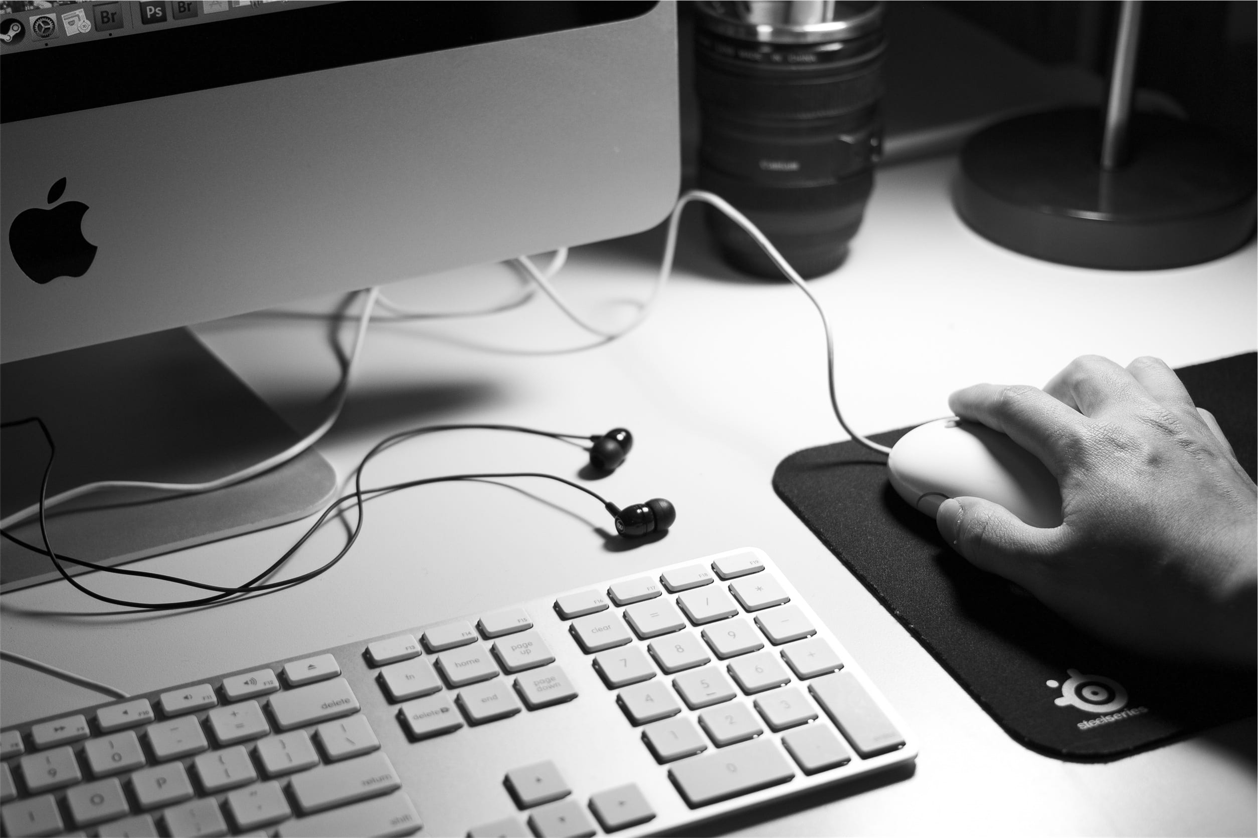 adult, desktop, connection, body part, communication, close-up, mac, hand, grayscale, desk, 1080P, keyboard, human hand, indoors, human body part, computer equipment, HD Wallpaper