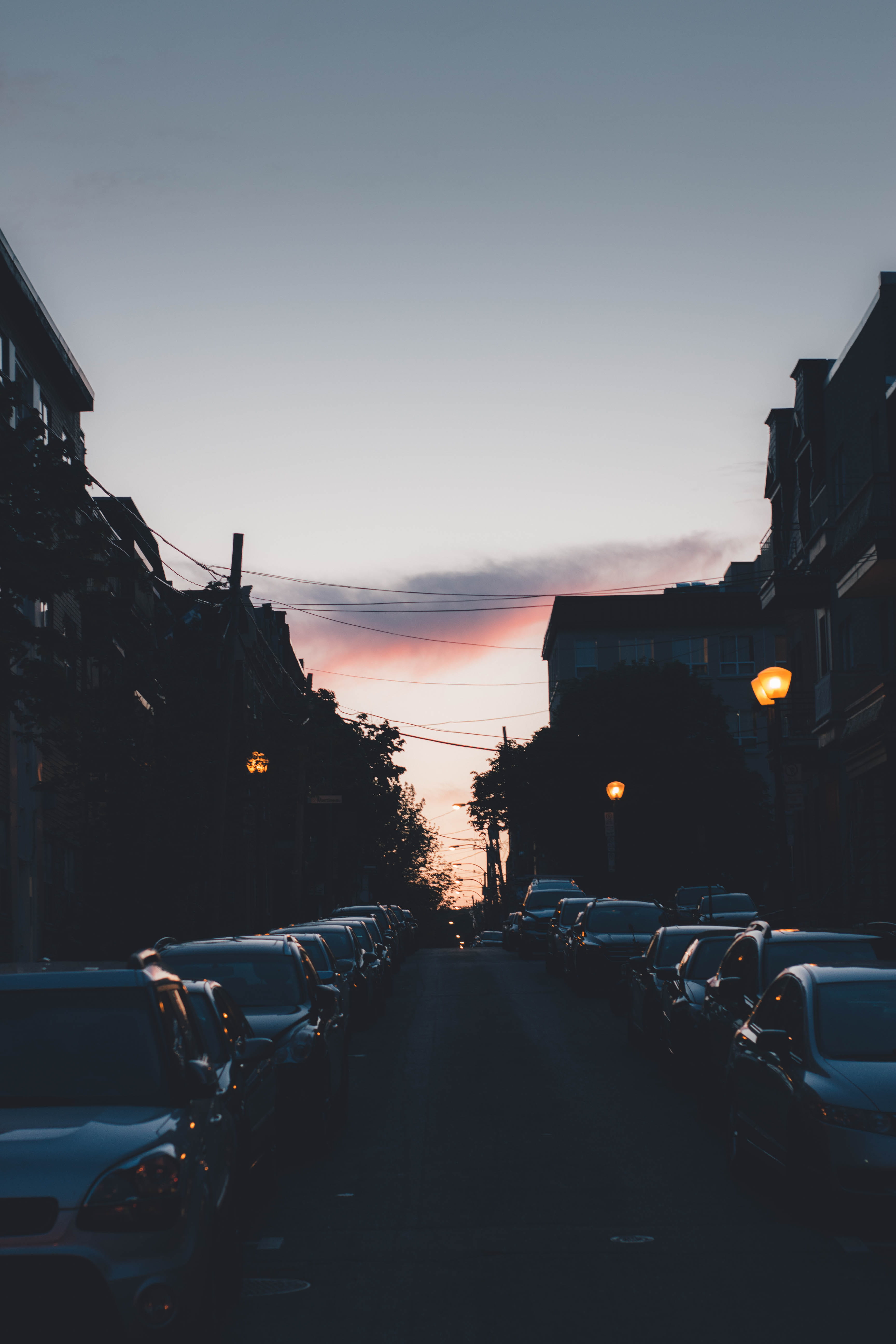 vehicle, road, the way forward, illuminated, canon, nature, land vehicle, sunset, street, built structure, outdoors, canada, automobile, architecture, city, Phone HD Wallpaper