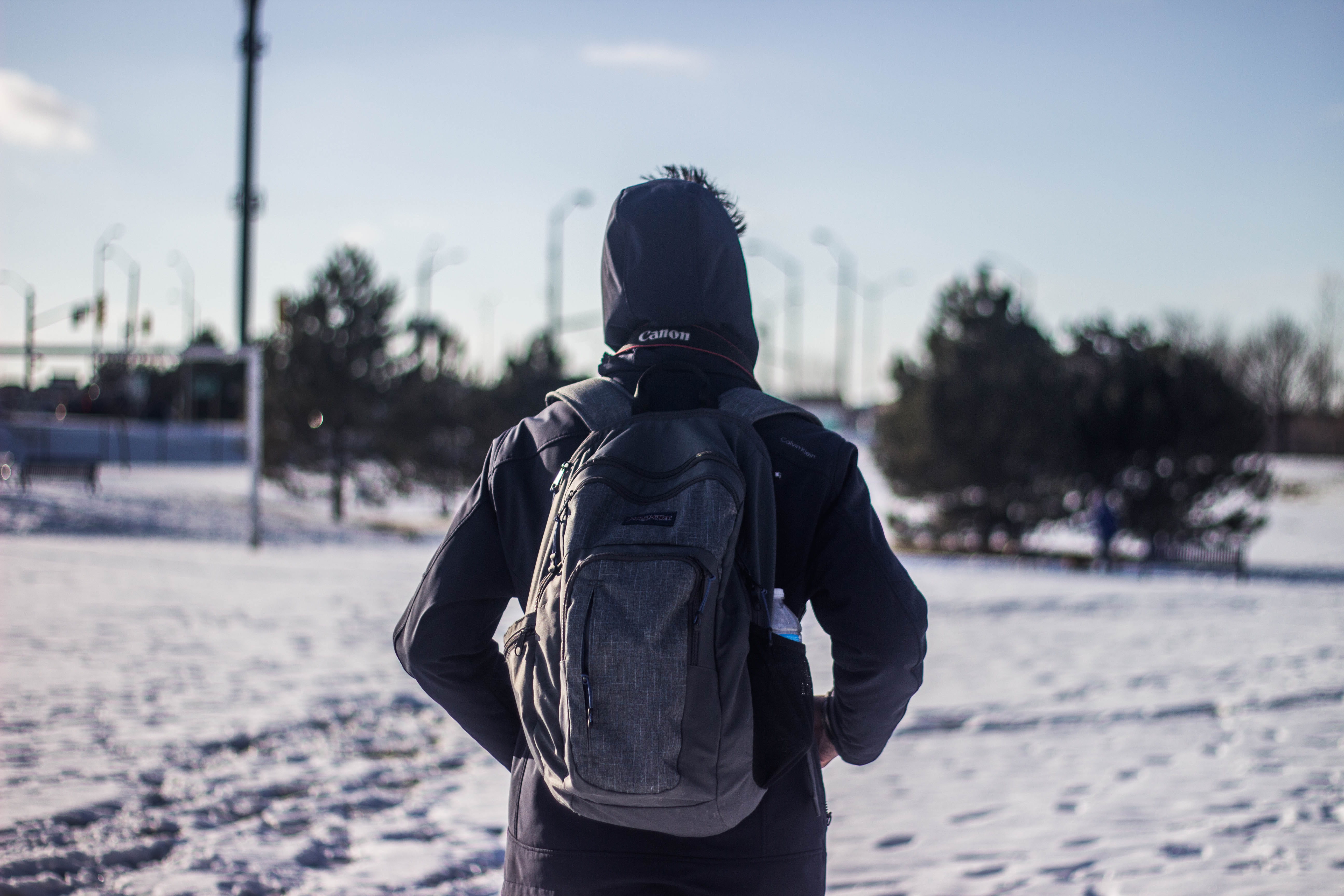 canon, real people, outdoors, canada, trees, lifestyles, one person, land, snow, lake, backpack, man, standing, focus on foreground, three quarter length, HD Wallpaper