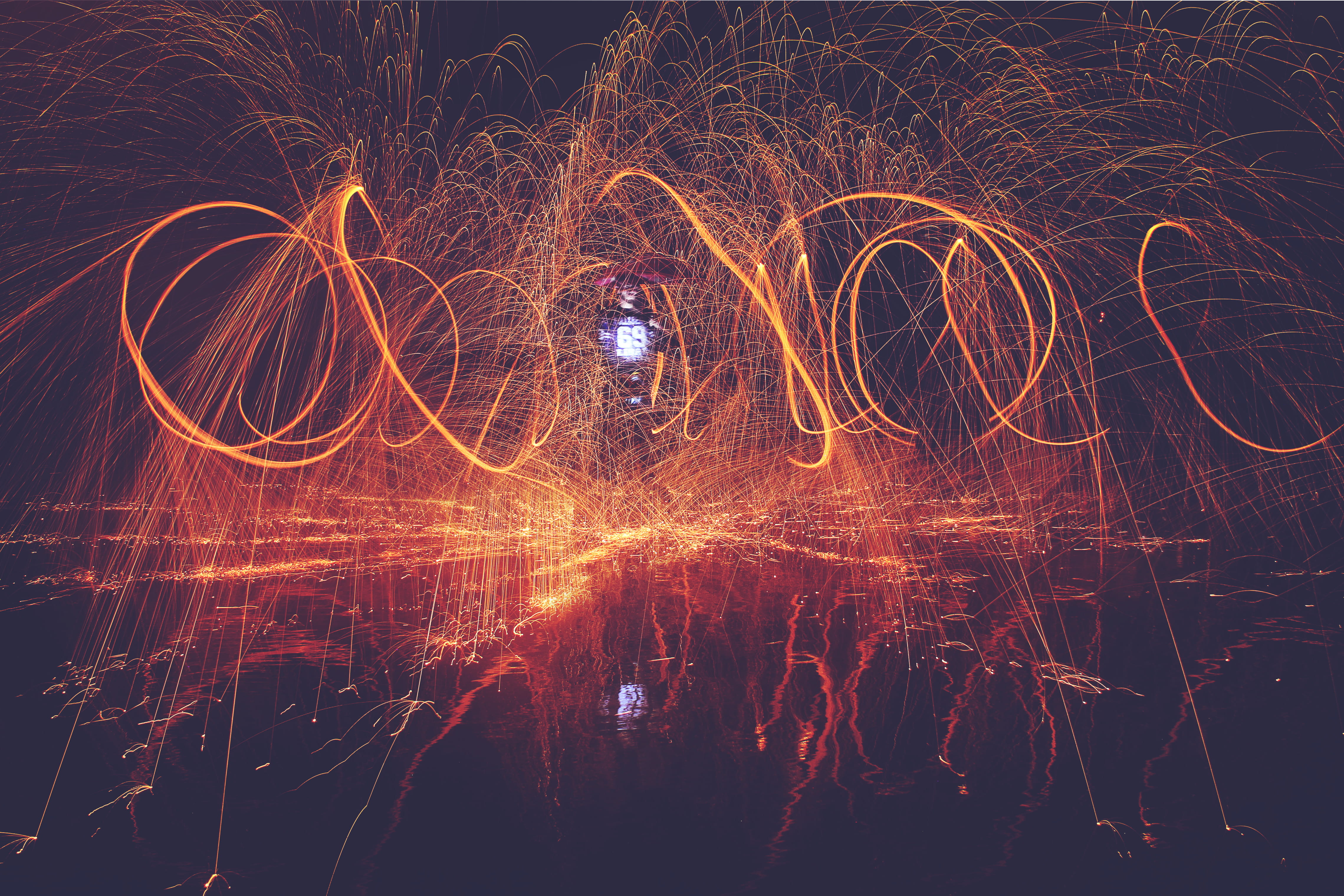 no people, spinning, water, glowing, wire wool, outdoors, beach, fire, blurred motion, standing, long exposure, reflection, night, asilah, firework, light, HD Wallpaper