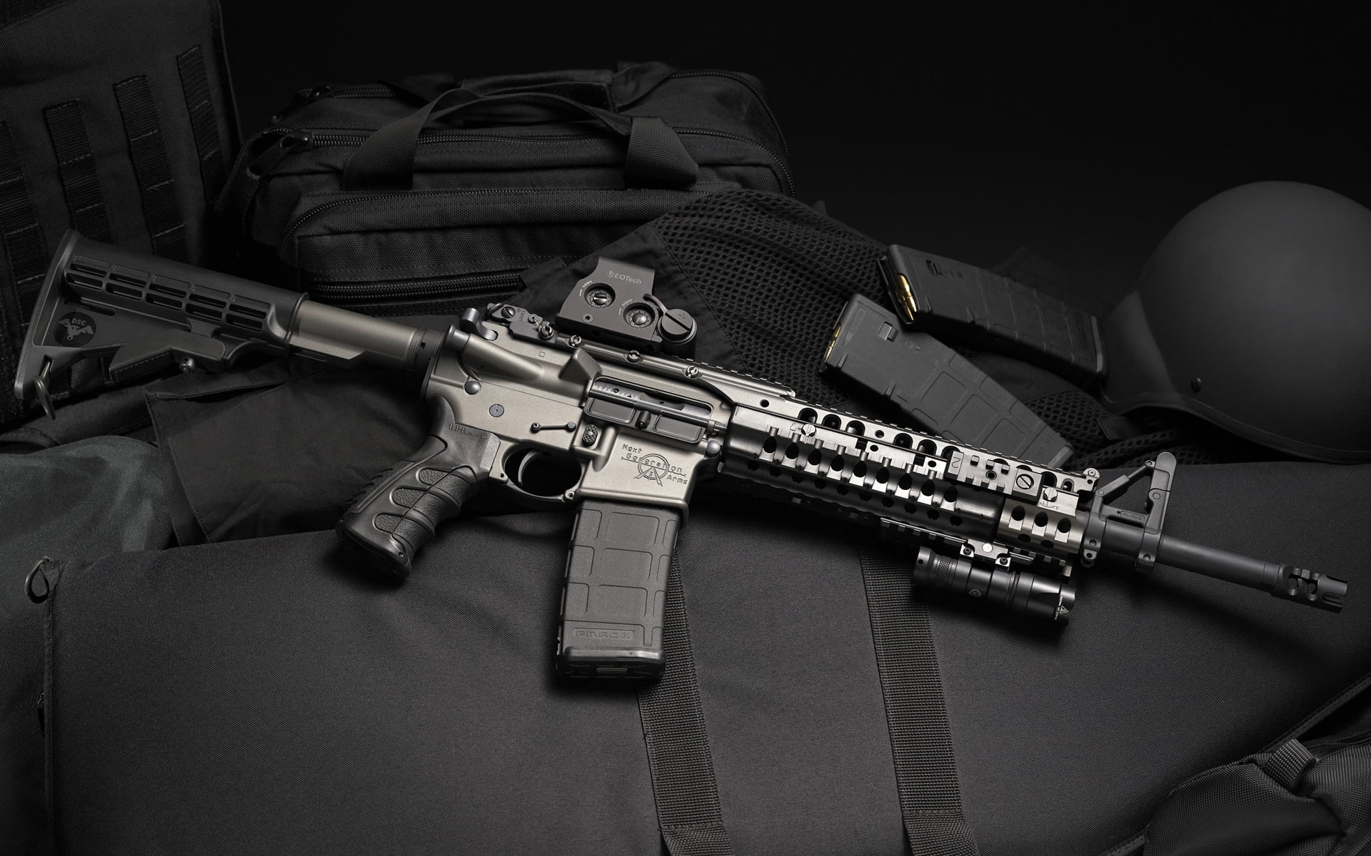 body Armor, weapon, war, black Color, sign, gun, 1080P, officer, violence, still life, riffle, the vest, handgun, protection, army, helmet, shooting A Weapon, HD Wallpaper