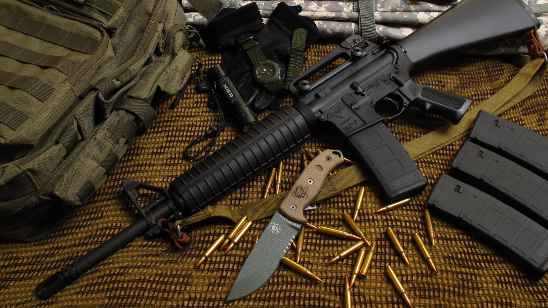 rifle, full frame, knifes, communication, gloves, military, sign, safety, security, warning sign, bullets, violence, still life, watch, aggression, day, HD Wallpaper